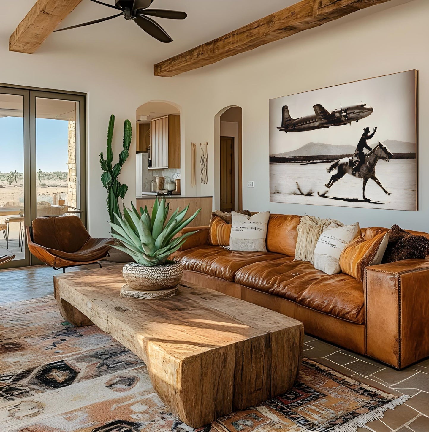 Cowboy Airplane Wall Art hanging in rustic living room with leather sofa and wooden accents, blending Western and vintage decor styles.