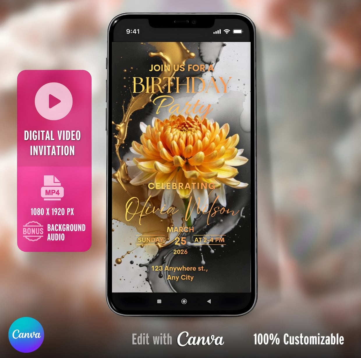 Editable Birthday Video Invitation Template Golden Floral Party Invite displayed on a smartphone with customization options
