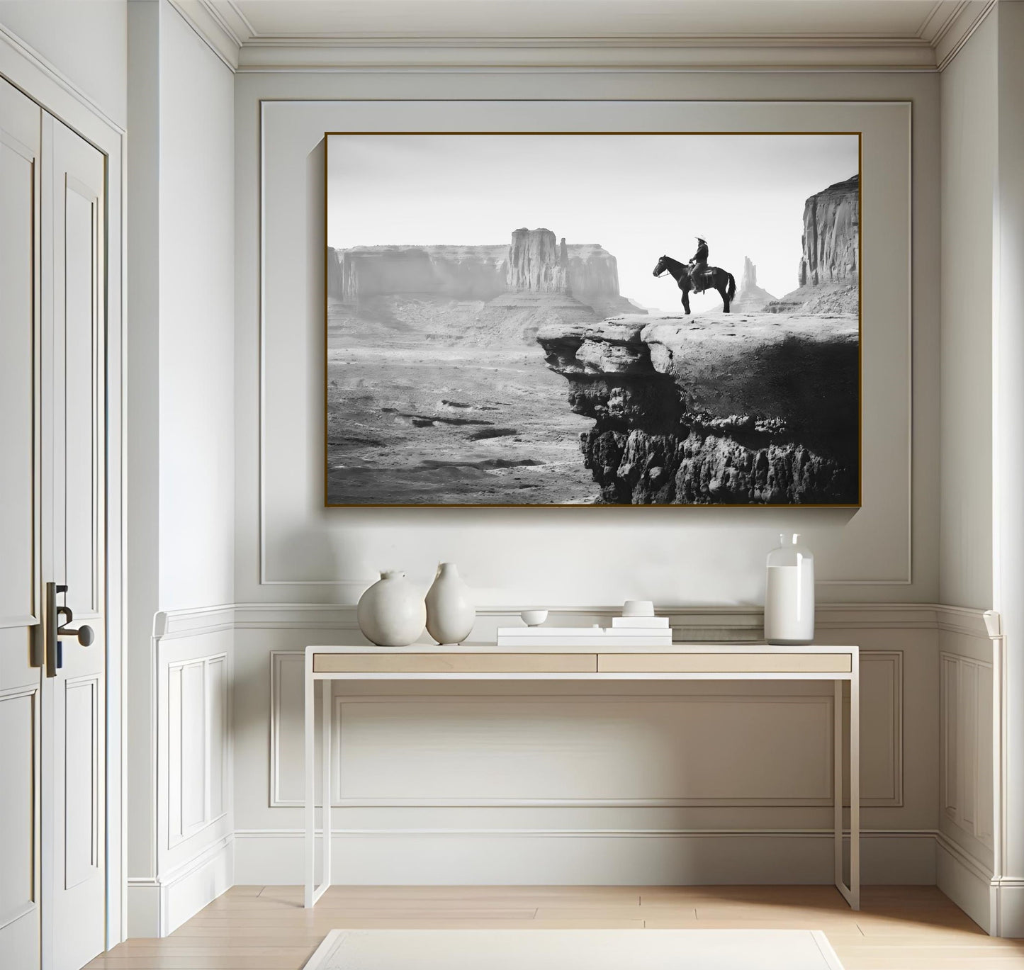Western Wall Art Print featuring black and white cowboy landscape with desert and rock formations.