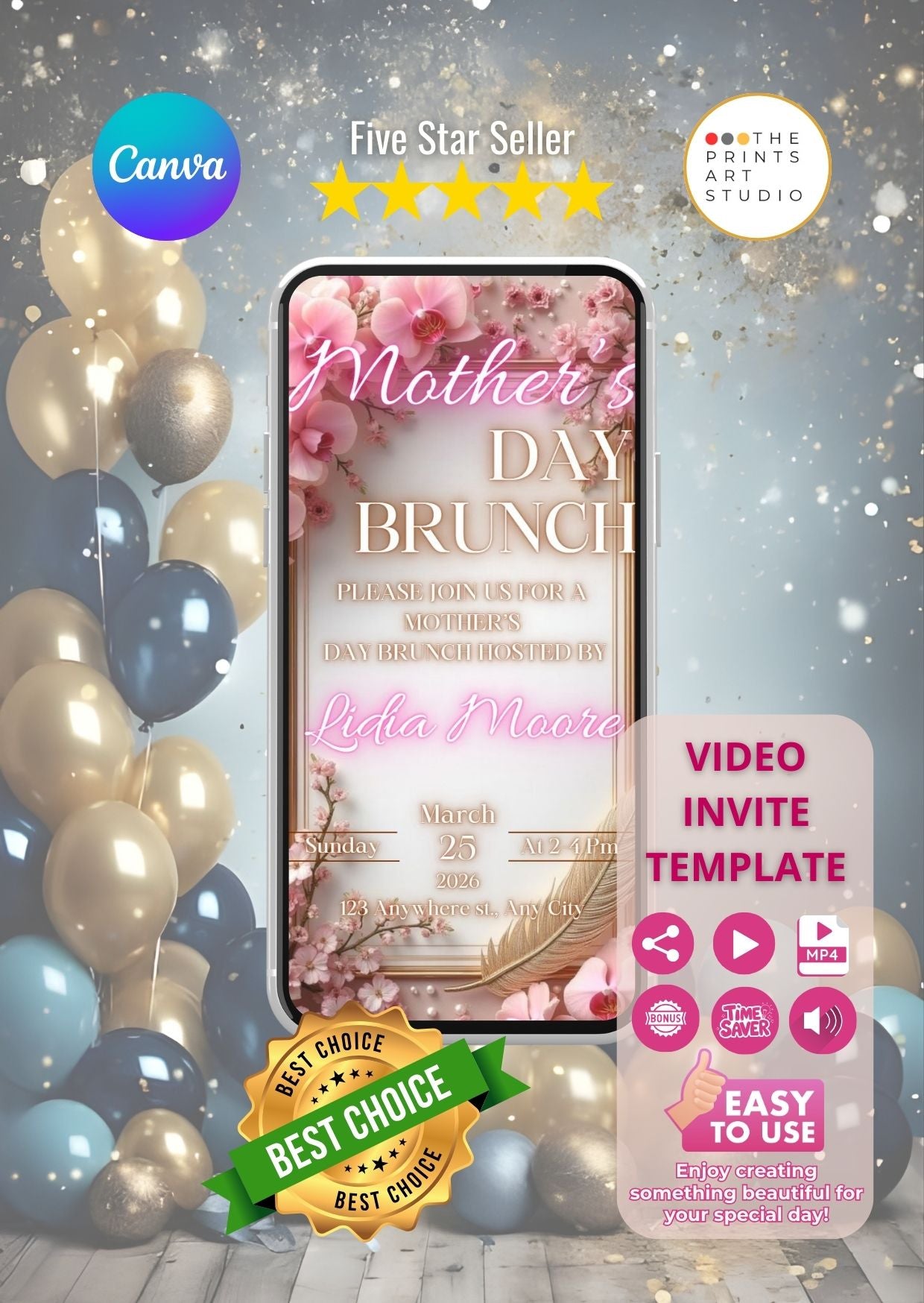 Mother's Day Brunch Video Invitation with floral design and balloons, featuring elegant and modern style.