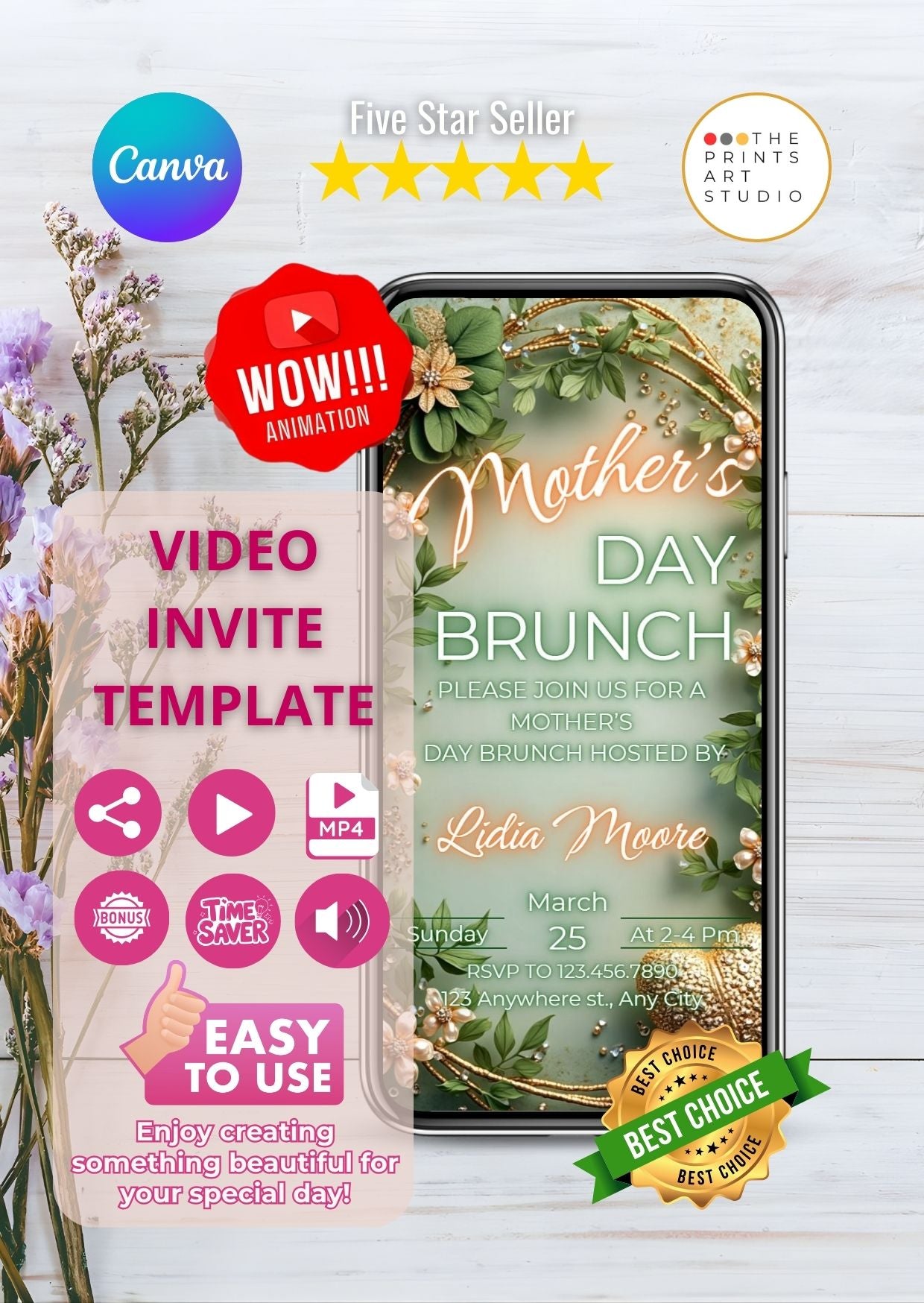 Family Brunch Video Invitation template displayed on a mobile phone with floral and brunch-themed graphics, editable in Canva MP4