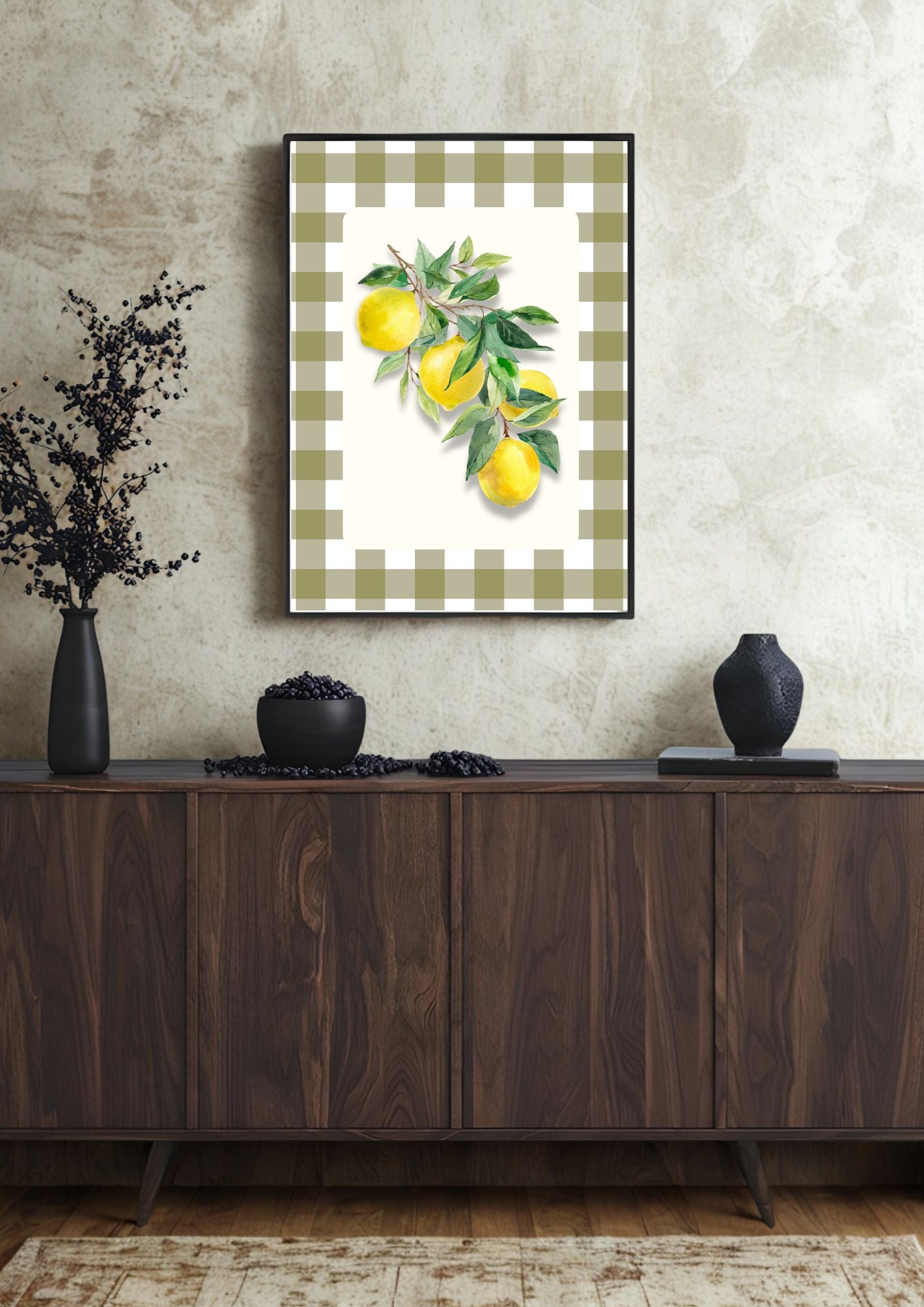 Lemon Kitchen Wall Art – Country Style Gingham Fruit Print – Fresh Summer Citrus Poster