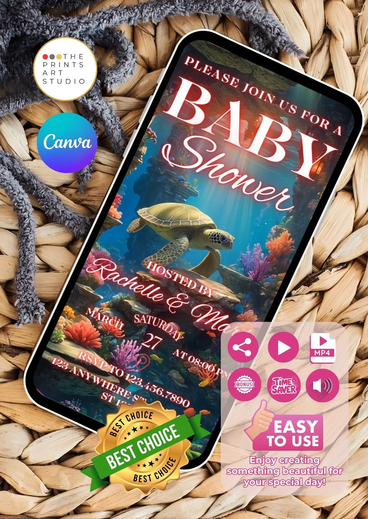 Mermaid Baby Shower Video Invitation displayed on smartphone with virtual ocean scene.