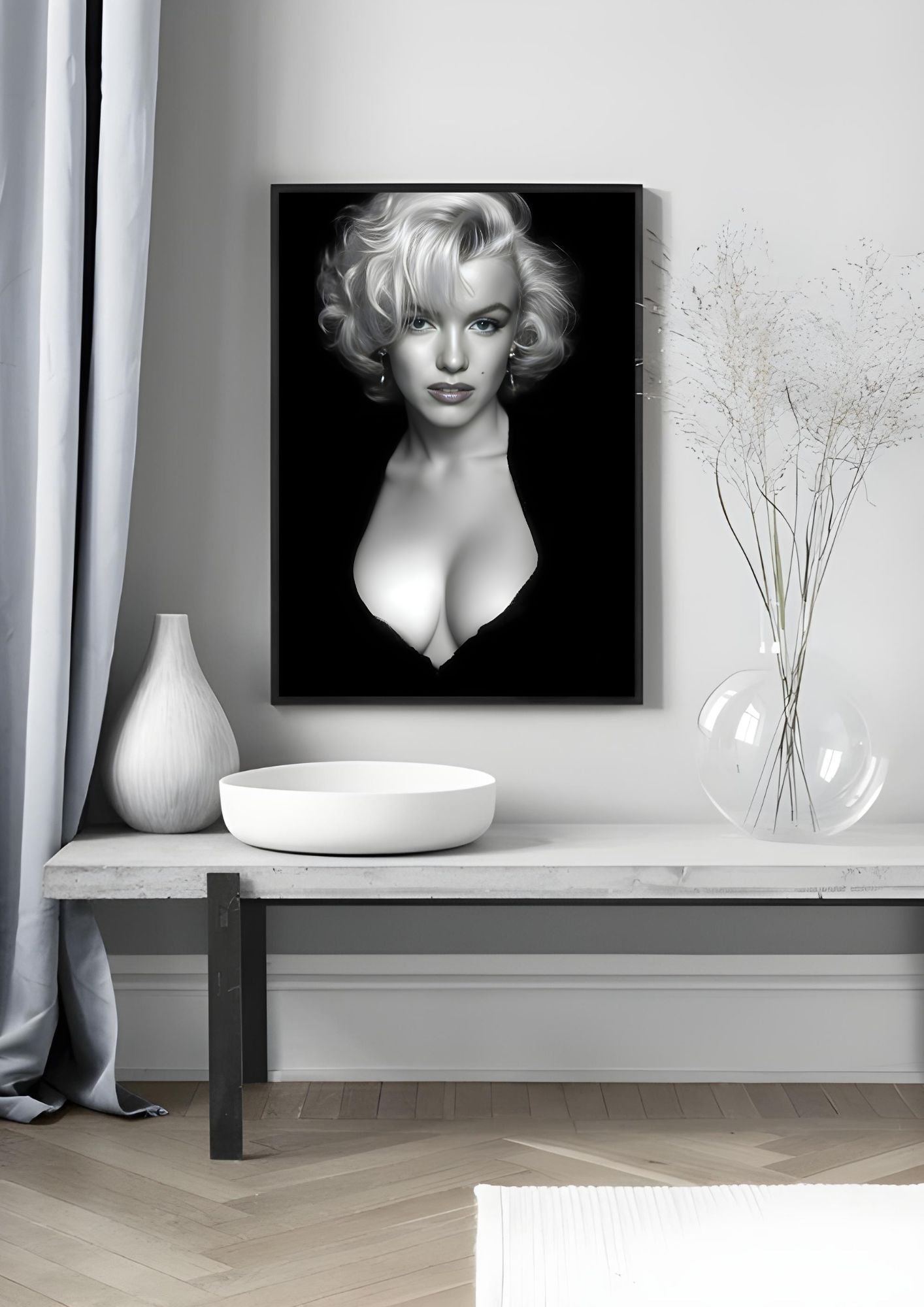 Vintage Hollywood Glamour Wall Art with retro 1950s film icon portrait, black and white, dramatic lighting, elegant home decor piece