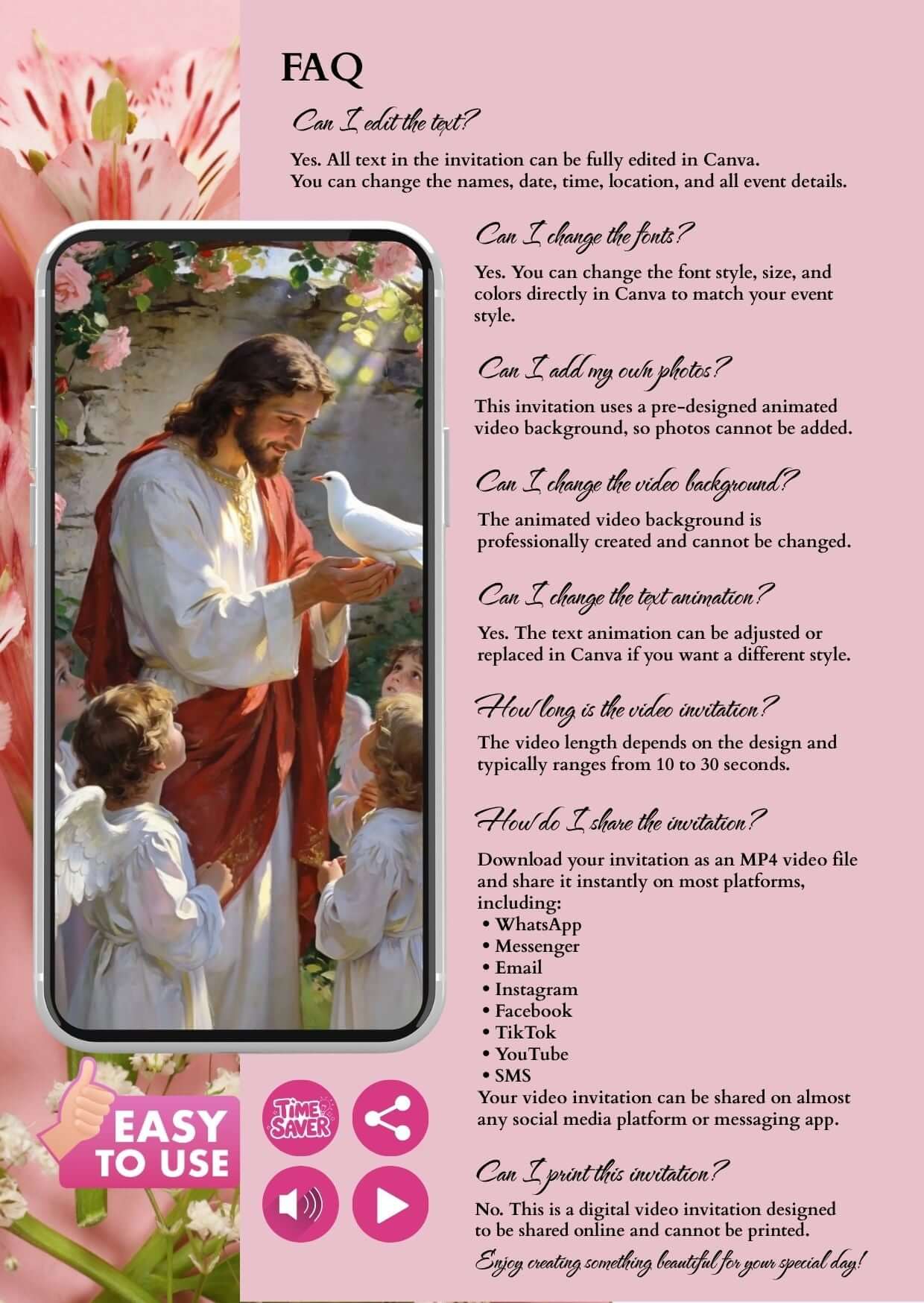 Baptism video invitation FAQ image with editing options and features in Canva for customization.