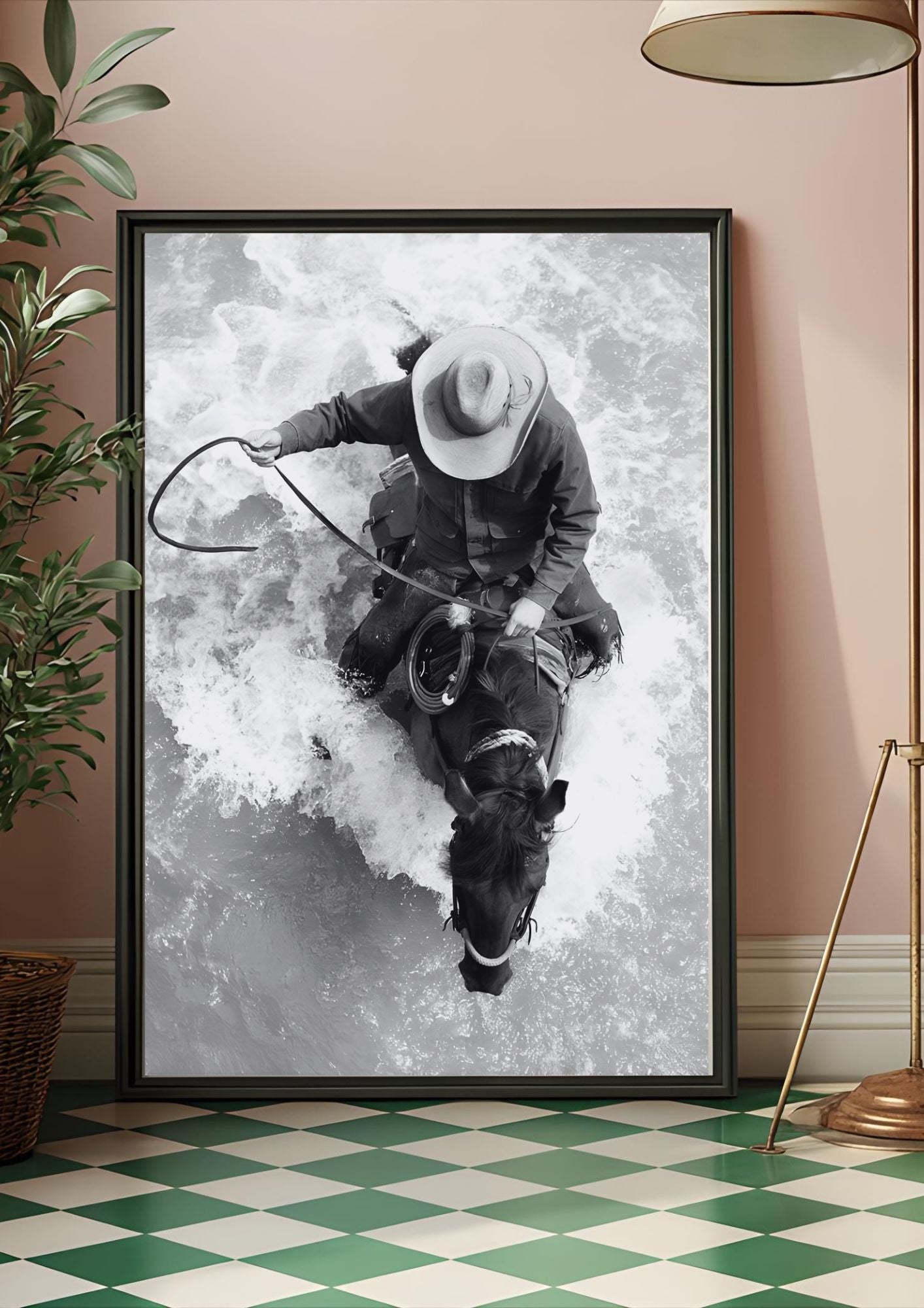 Western Horse Wall Art - Black and white cowboy guiding horse through water print.