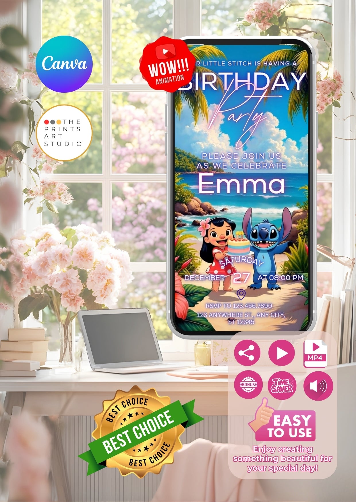 Lilo and Stitch birthday video invitation displayed on smartphone screen with tropical background.