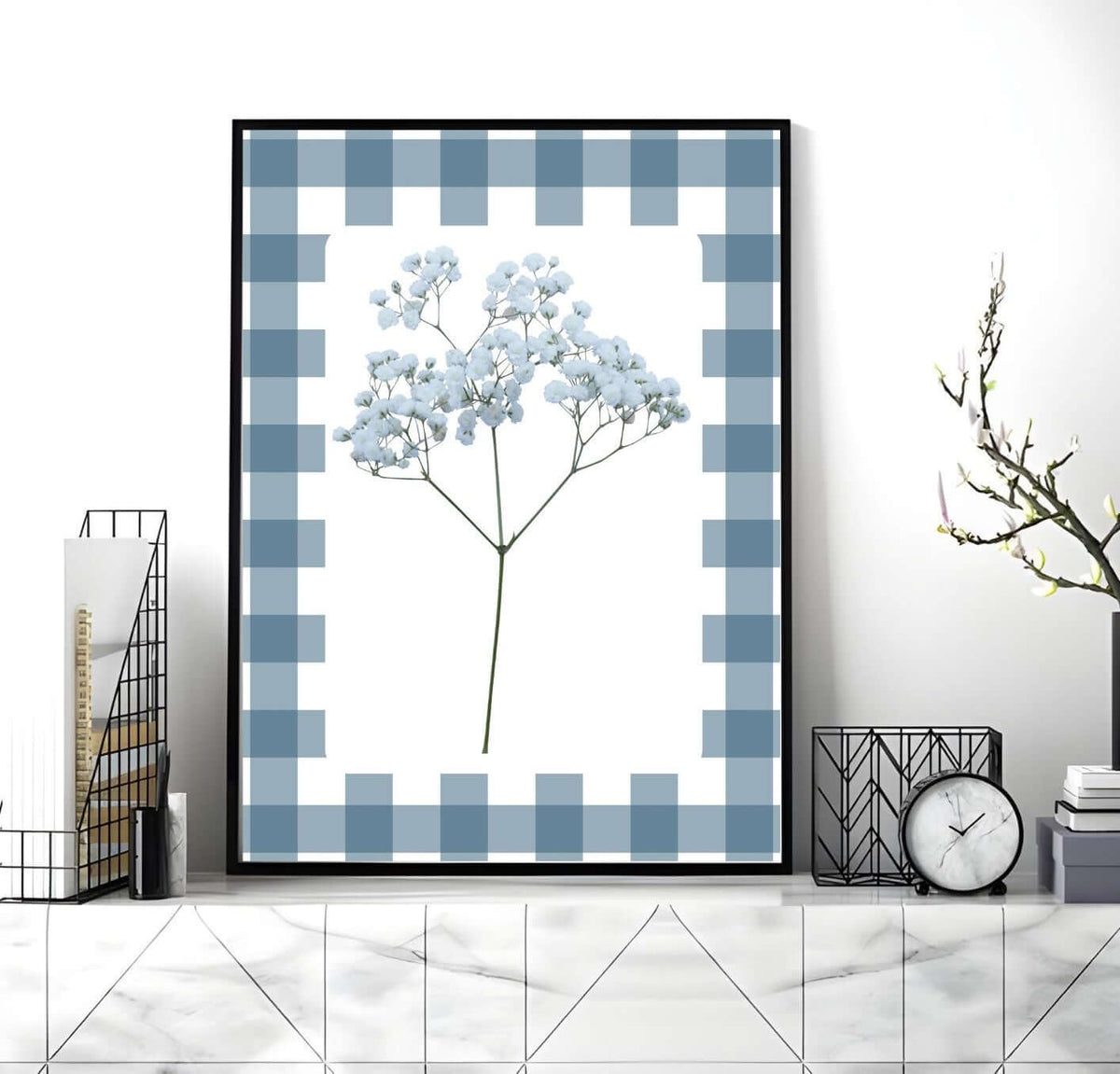 Blue Gingham Baby's Breath Print with blue floral print in a modern minimalist setting