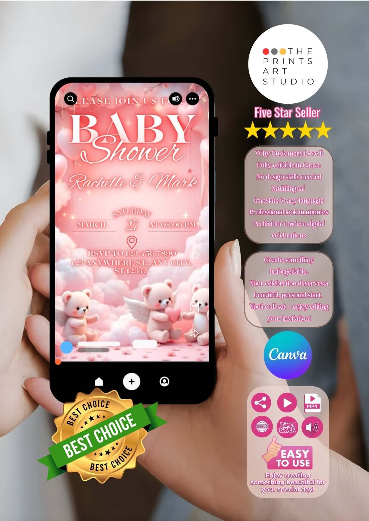 Baby Shower Video Invitation – Cute pink cloud bear-themed animated invite
