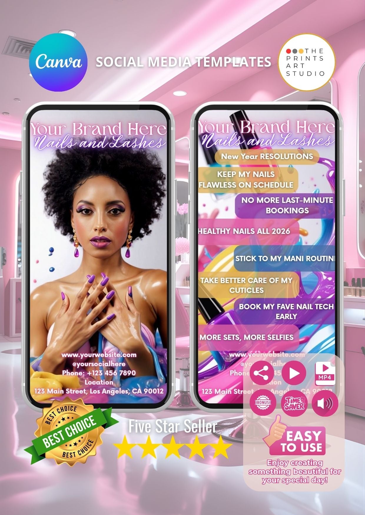 Afro American nail salon promo video template showcasing mobile screens with nail design offers and branding elements.