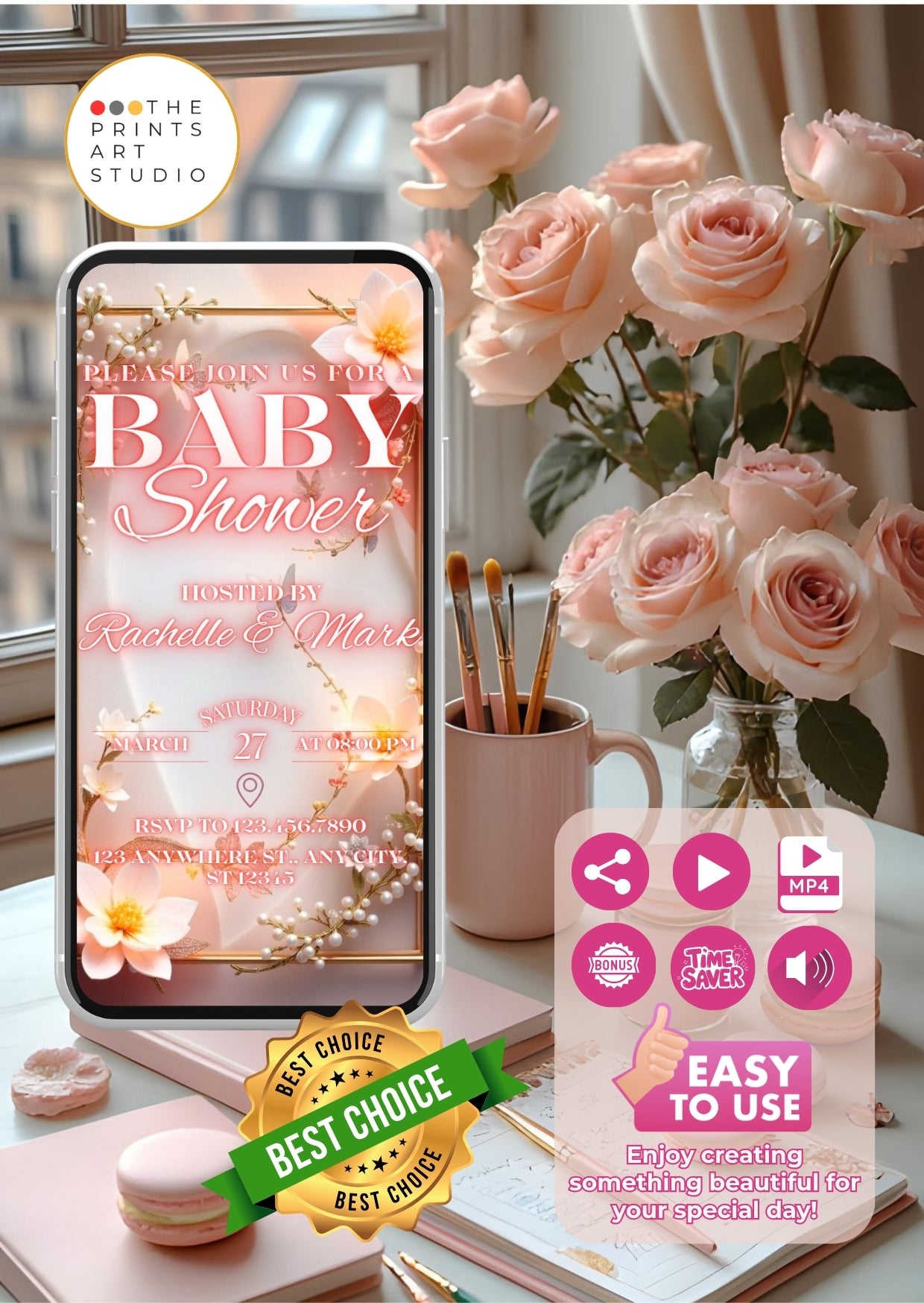 floral baby shower video invitation displayed on smartphone with pink roses and elegant details