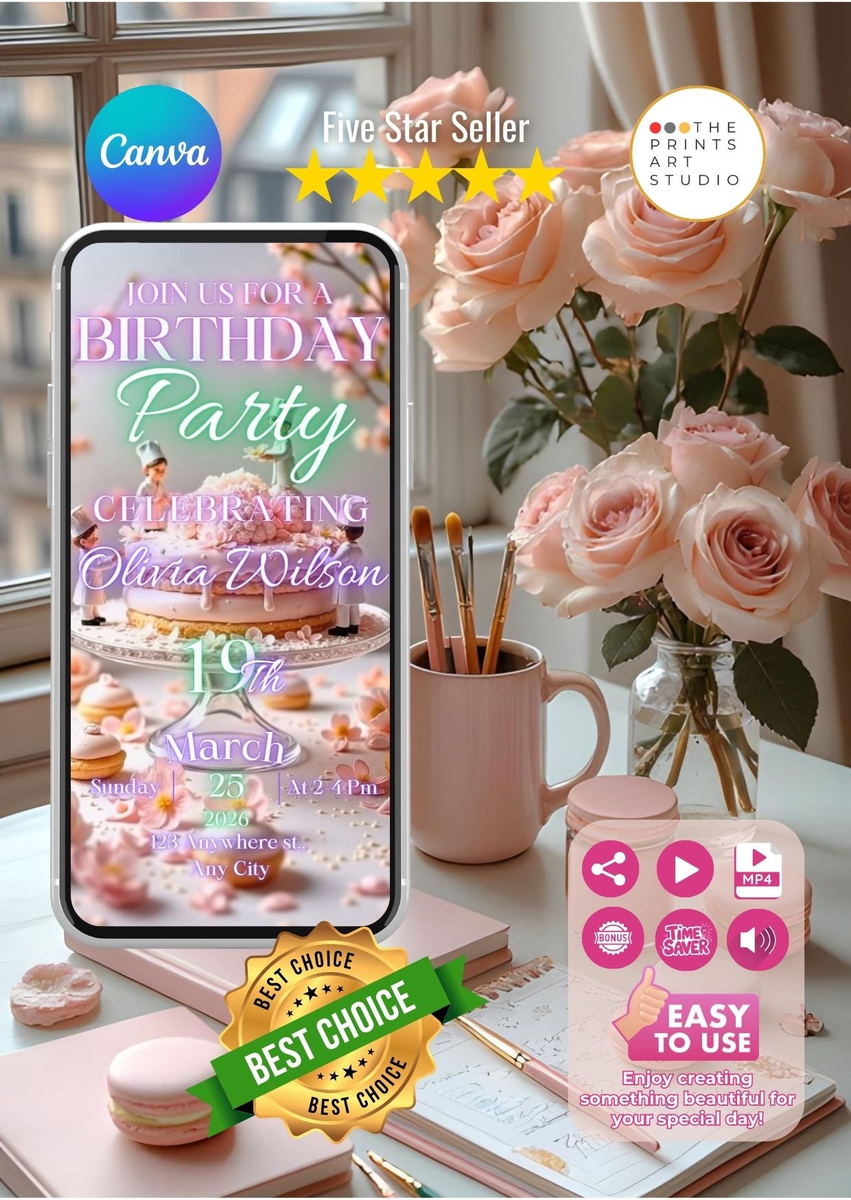 Birthday Video Invitation template with pastel pink cake and roses.