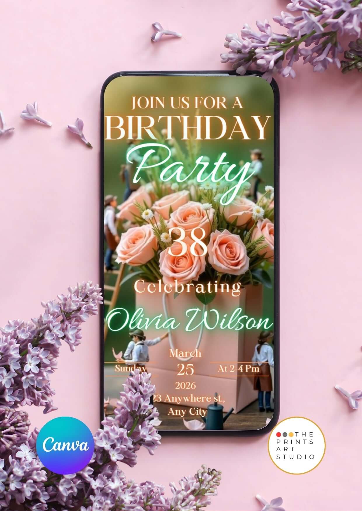 Birthday Video Invitation template on a smartphone with floral design and party details, perfect for creating animated invites with Canva.