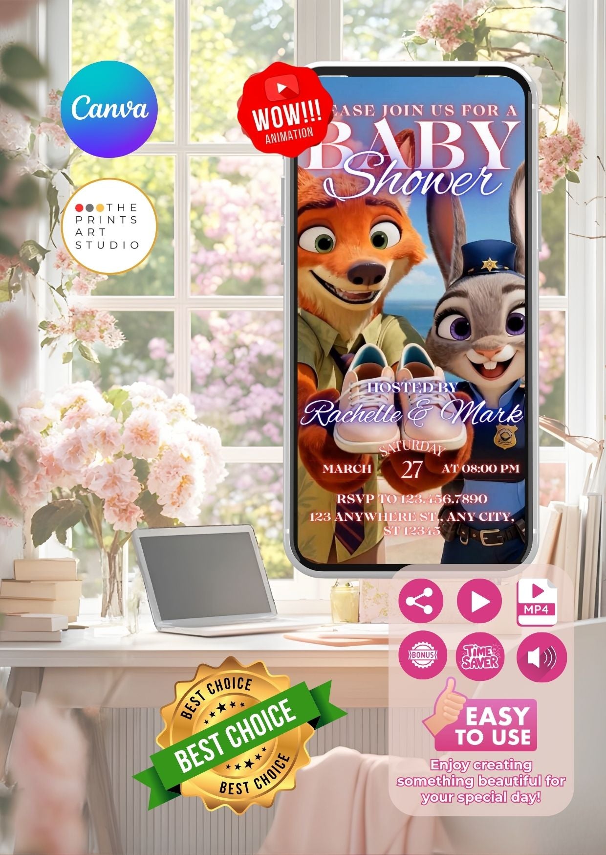 Zootopia baby shower video invitation with animated animal characters on a smartphone screen, set in a cozy room with flowers.