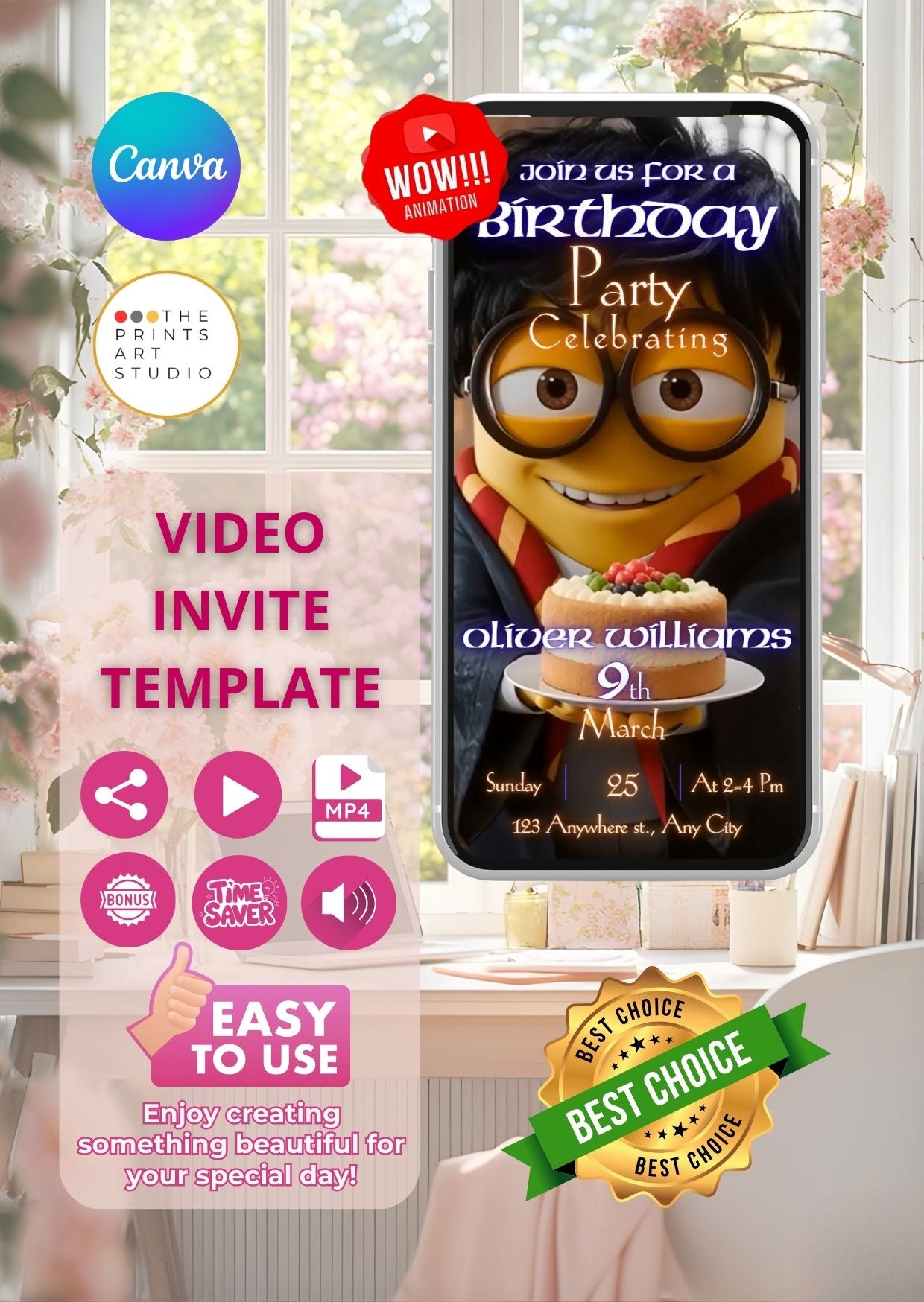 Harry Potter Minions birthday video invitation template with playful minion wizard theme.