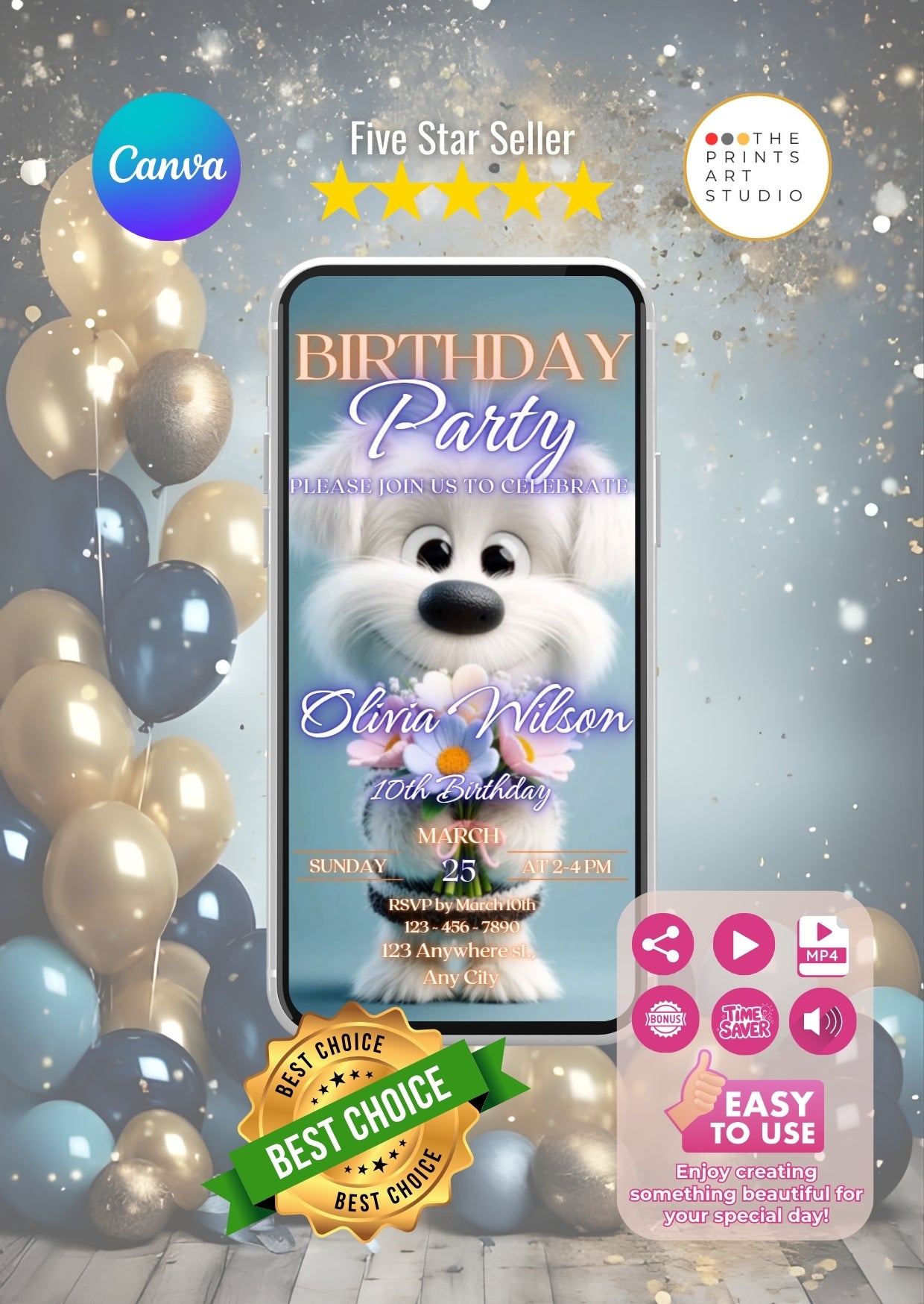 Puppy Birthday Video Invitation with balloons and animated puppy on smartphone screen, perfect for children's birthday celebrations.