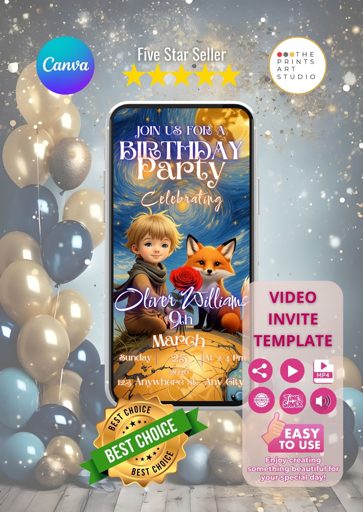 Little Prince Style Birthday Video Invitation template with whimsical characters and balloons, editable on Canva for a magical celebration.
