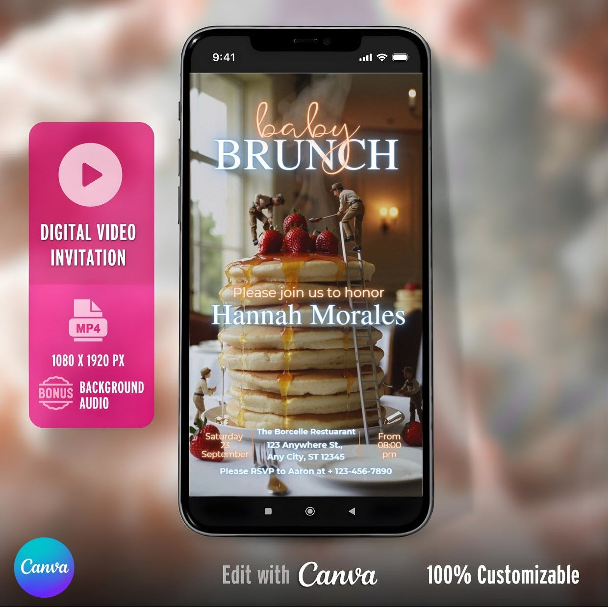 Smartphone displaying a Baby Shower Video Invitation Dreamy Canva Editable with pancakes and berries on the screen.
