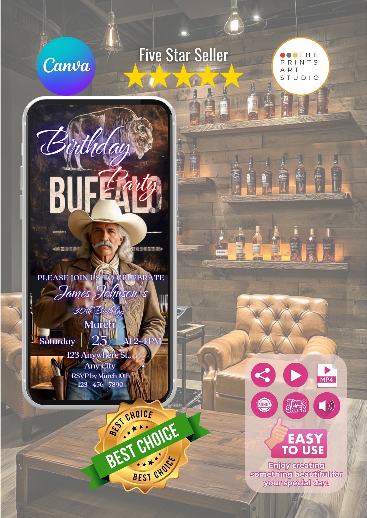 Buffalo Bill Birthday Invitation Video displayed on phone screen in rustic whiskey bar setting.