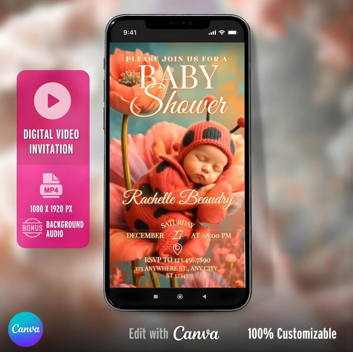 Ladybug Baby Shower Video Invitation – Editable Canva Template MP4