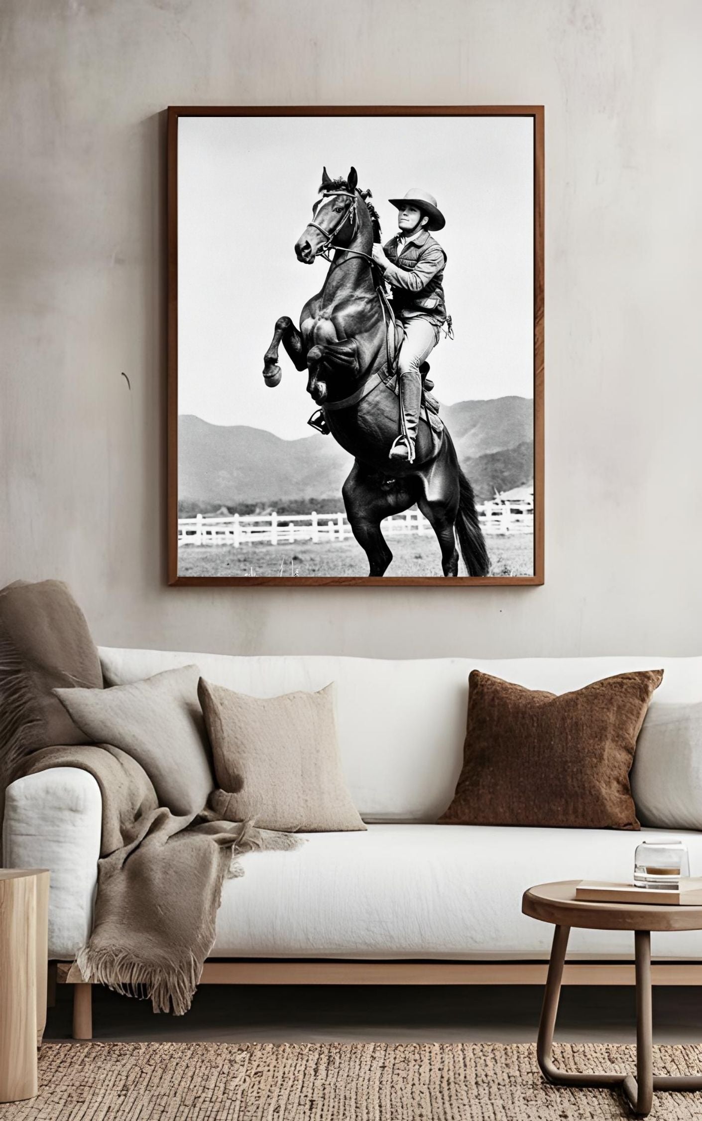 Western Wall Art featuring a black and white cowboy print with a rearing horse, capturing the spirit of the American frontier.