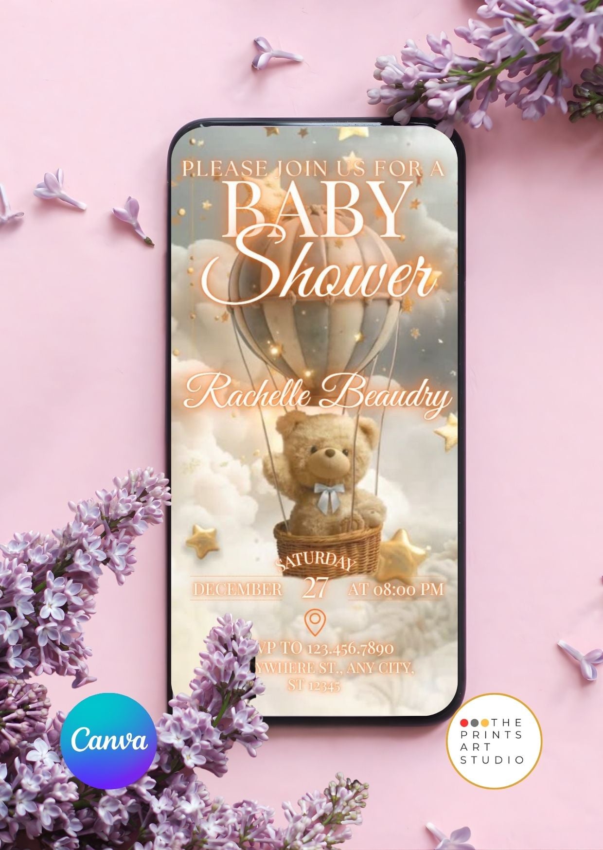 Teddy Bear Baby Shower Video Invitation  Editable Canva MP4