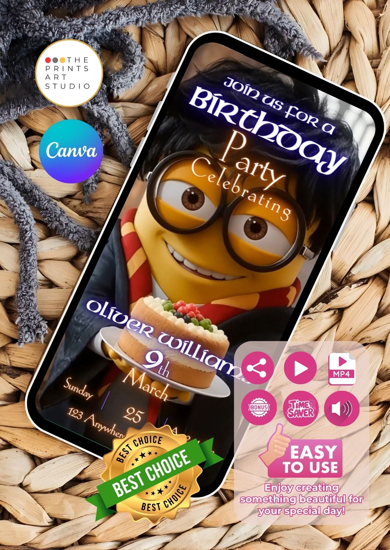 Harry Potter Minions birthday video invitation on smartphone screen for a magical kids party.