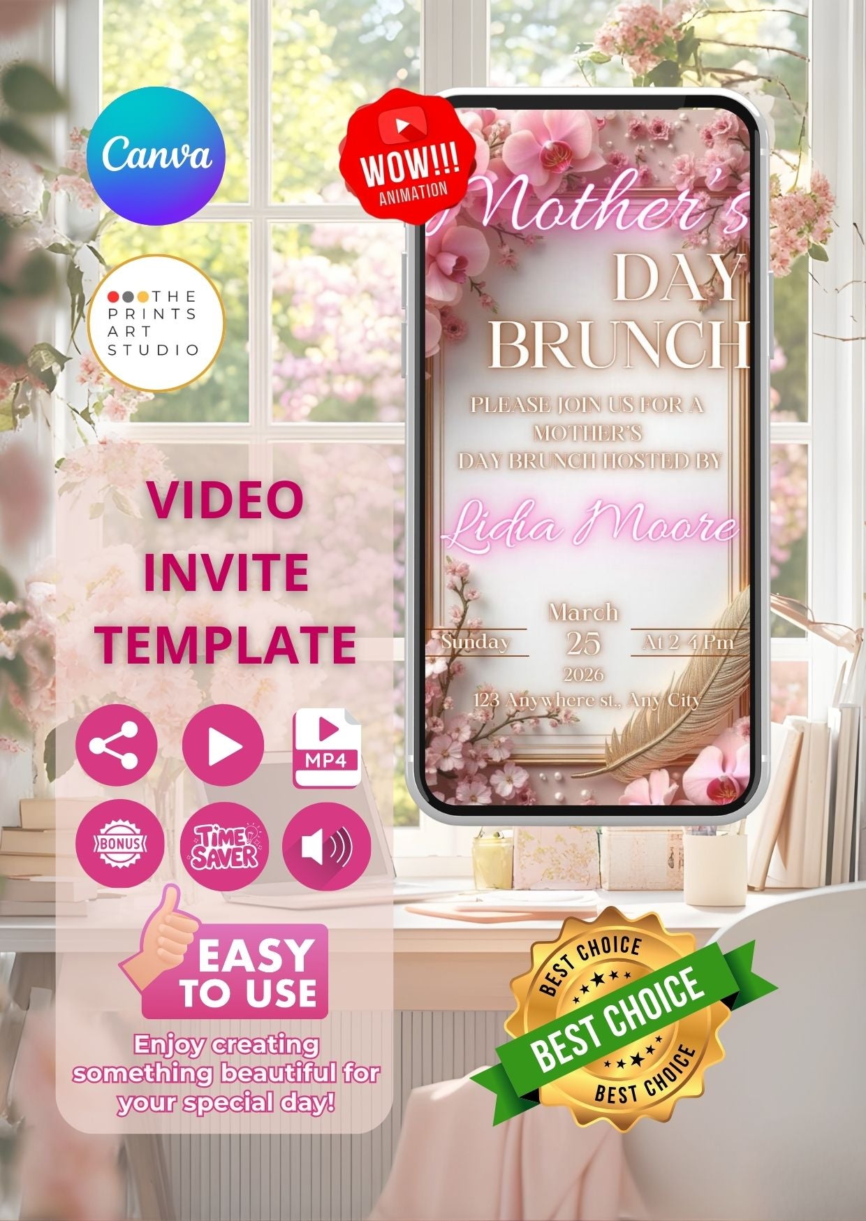 Mother's Day Brunch Video Invitation template with floral design on smartphone screen placed on decorated table.
