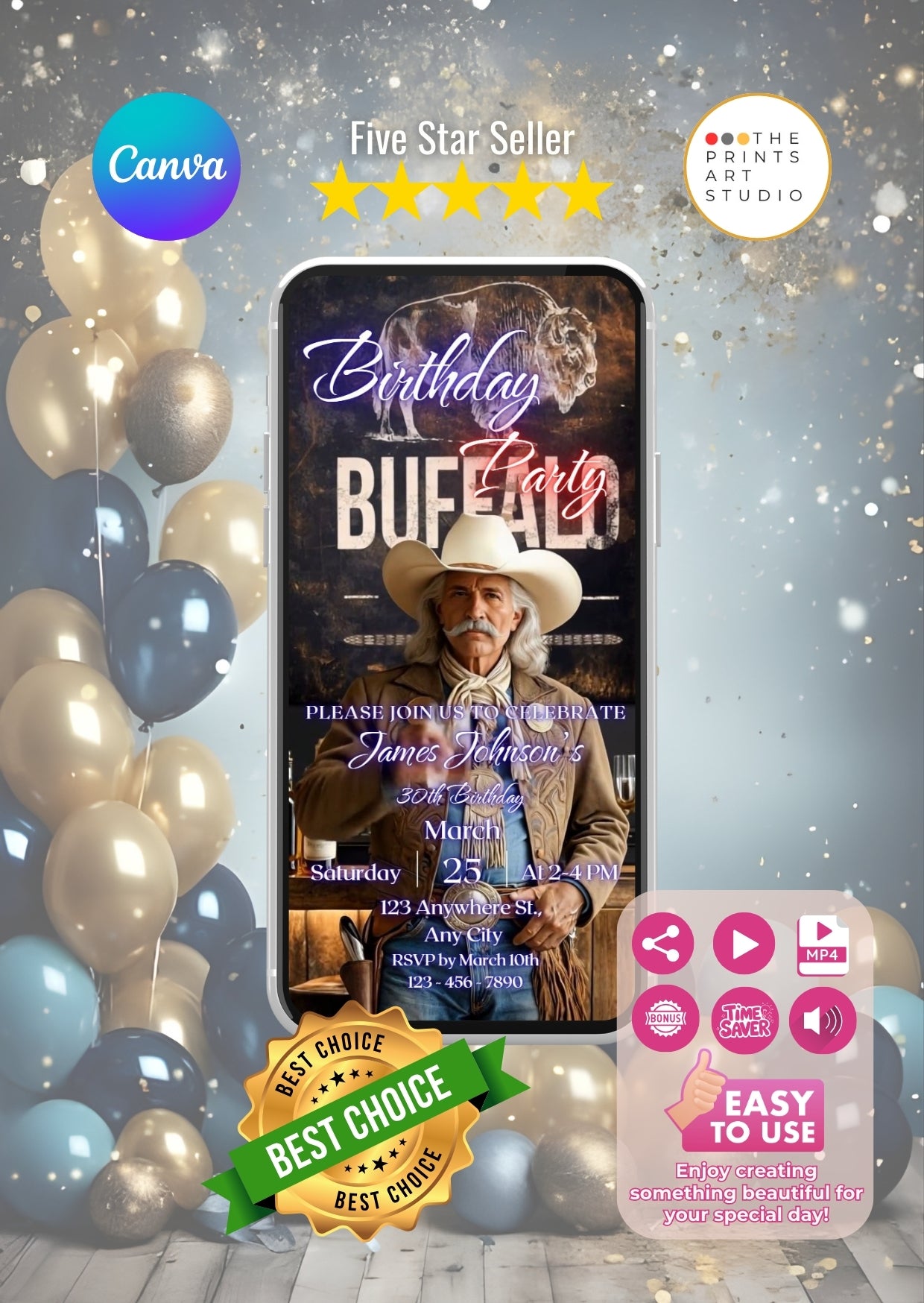 Buffalo Bill Birthday Invitation Video with western cowboy theme on smartphone screen, showcased with balloons and five-star ratings.