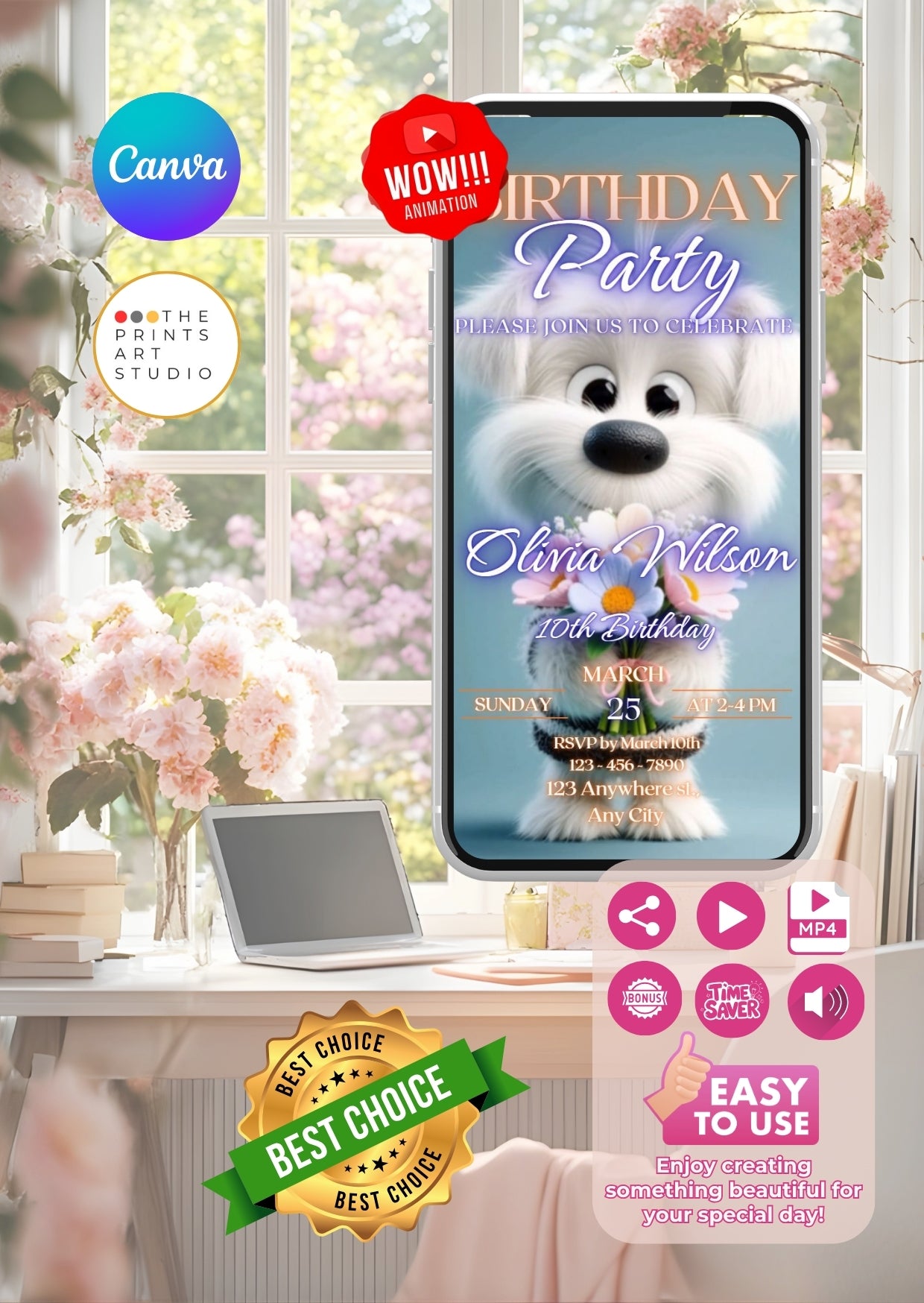 Puppy Birthday Video Invitation displayed on a smartphone with a cute animated puppy, perfect for unique and special birthday invites.