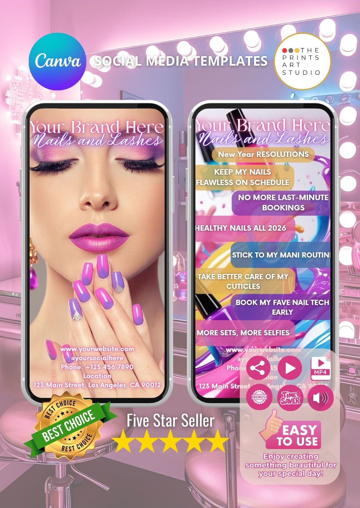 nail salon promo video template displayed on smartphone screens, showcasing a stylish and engaging design for beauty professionals on Canva