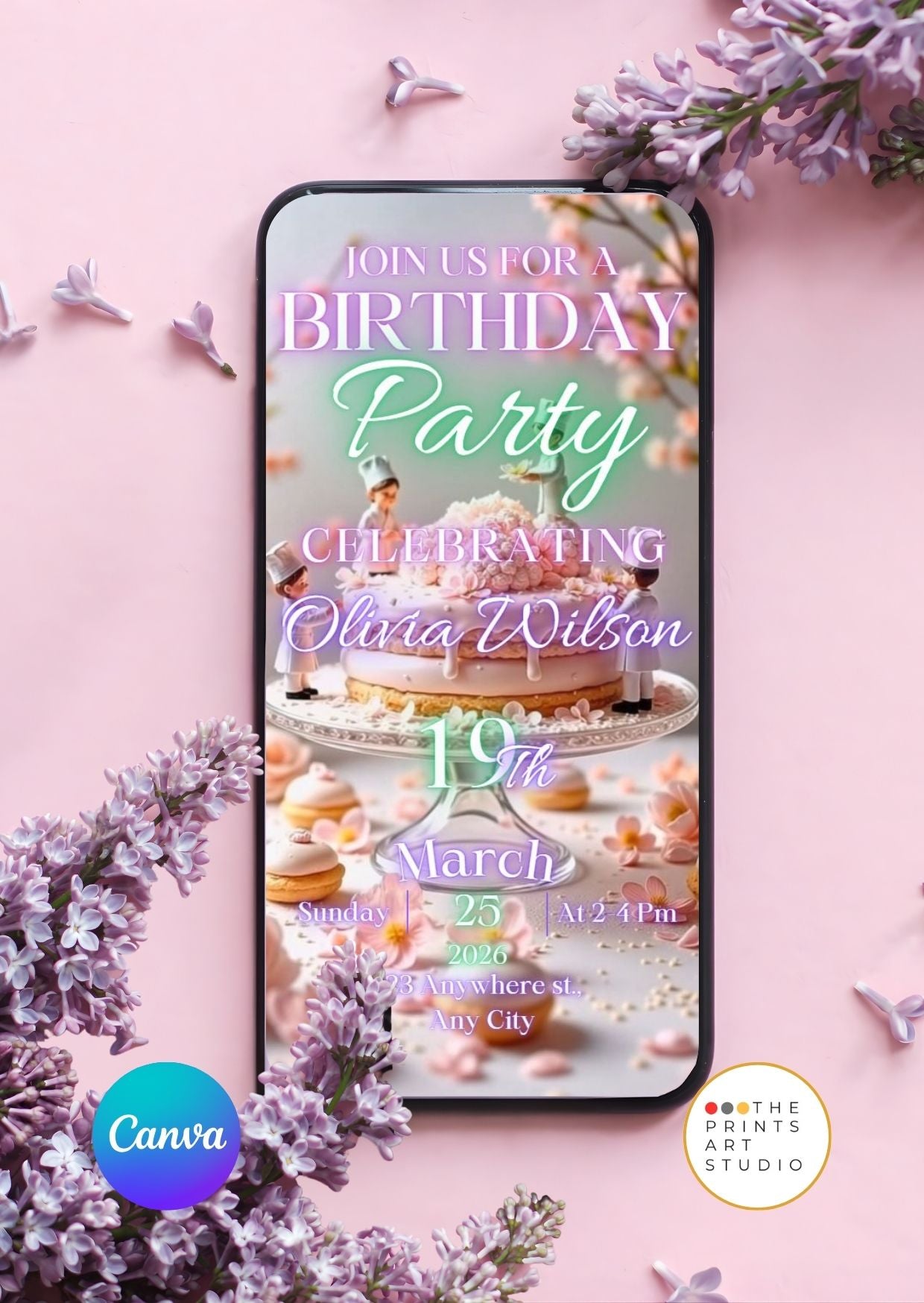 Birthday Video Invitation template featuring pastel pink cake and blossoms for a birthday party.