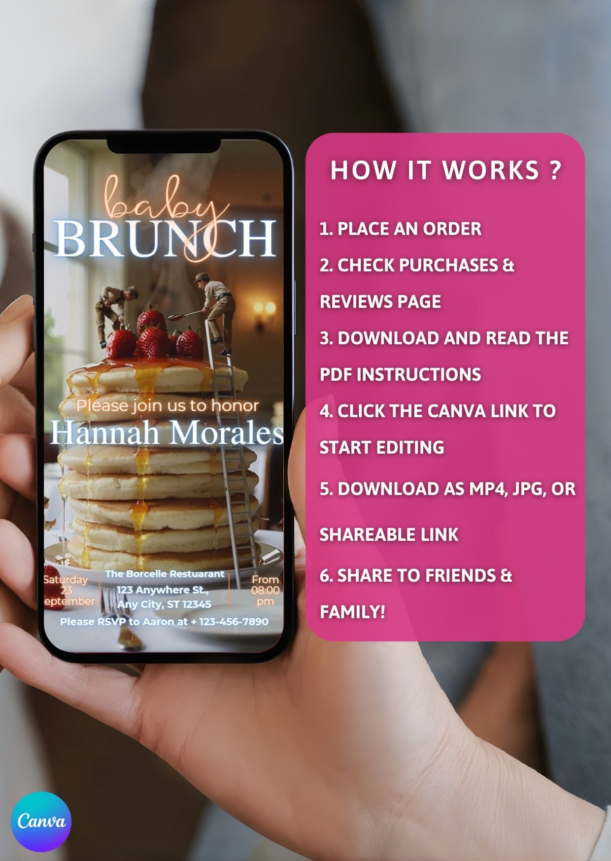 Baby Shower Video Invitation Dreamy Canva Editable template on smartphone display with step-by-step editing instructions.