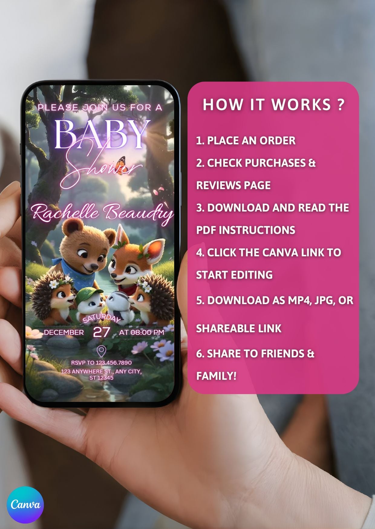 Editable Baby Shower Video Invitation with cute forest animals displayed on a phone, showcasing an animated Canva template design.