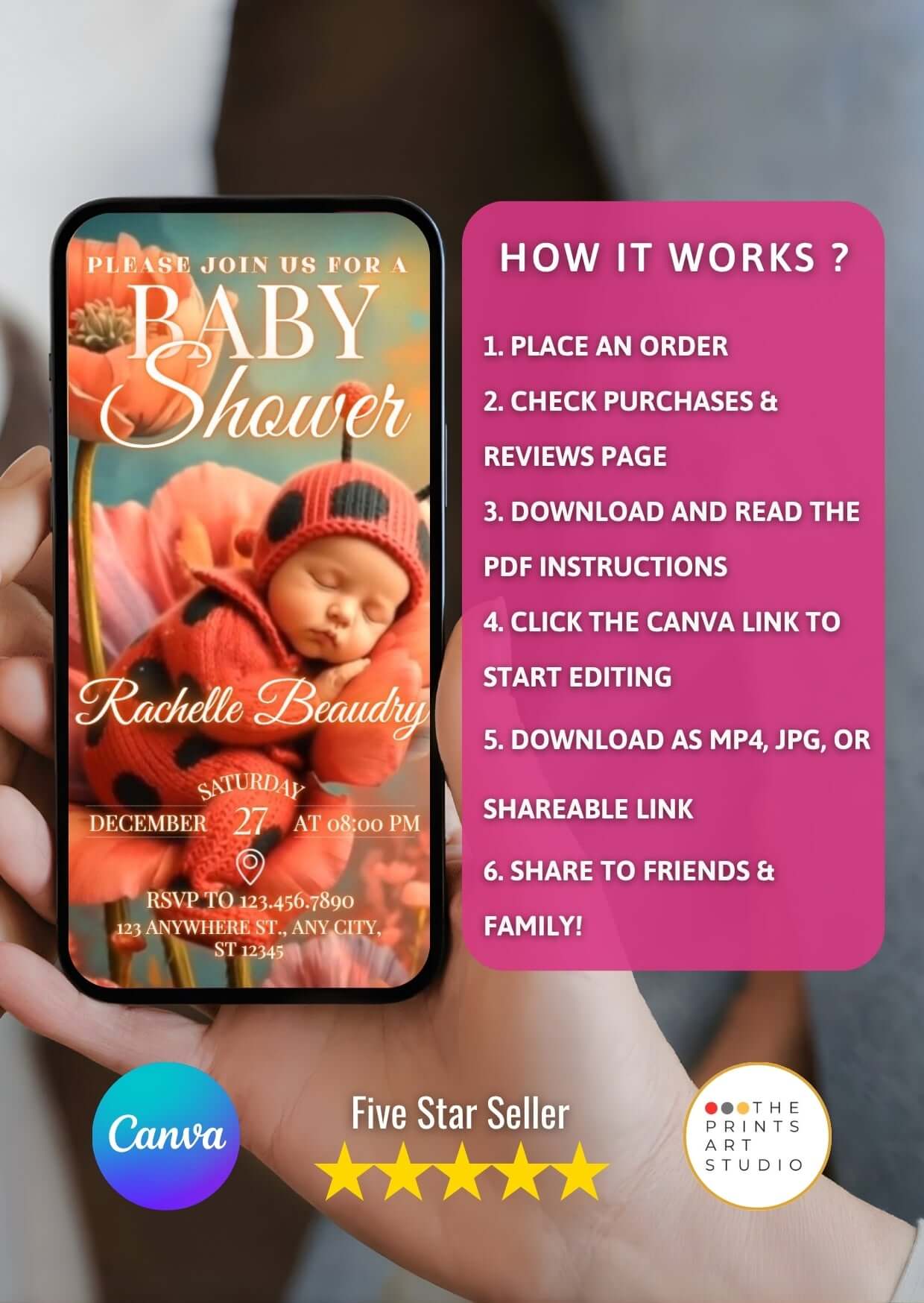 Ladybug Baby Shower Video Invitation – Editable Canva Template MP4