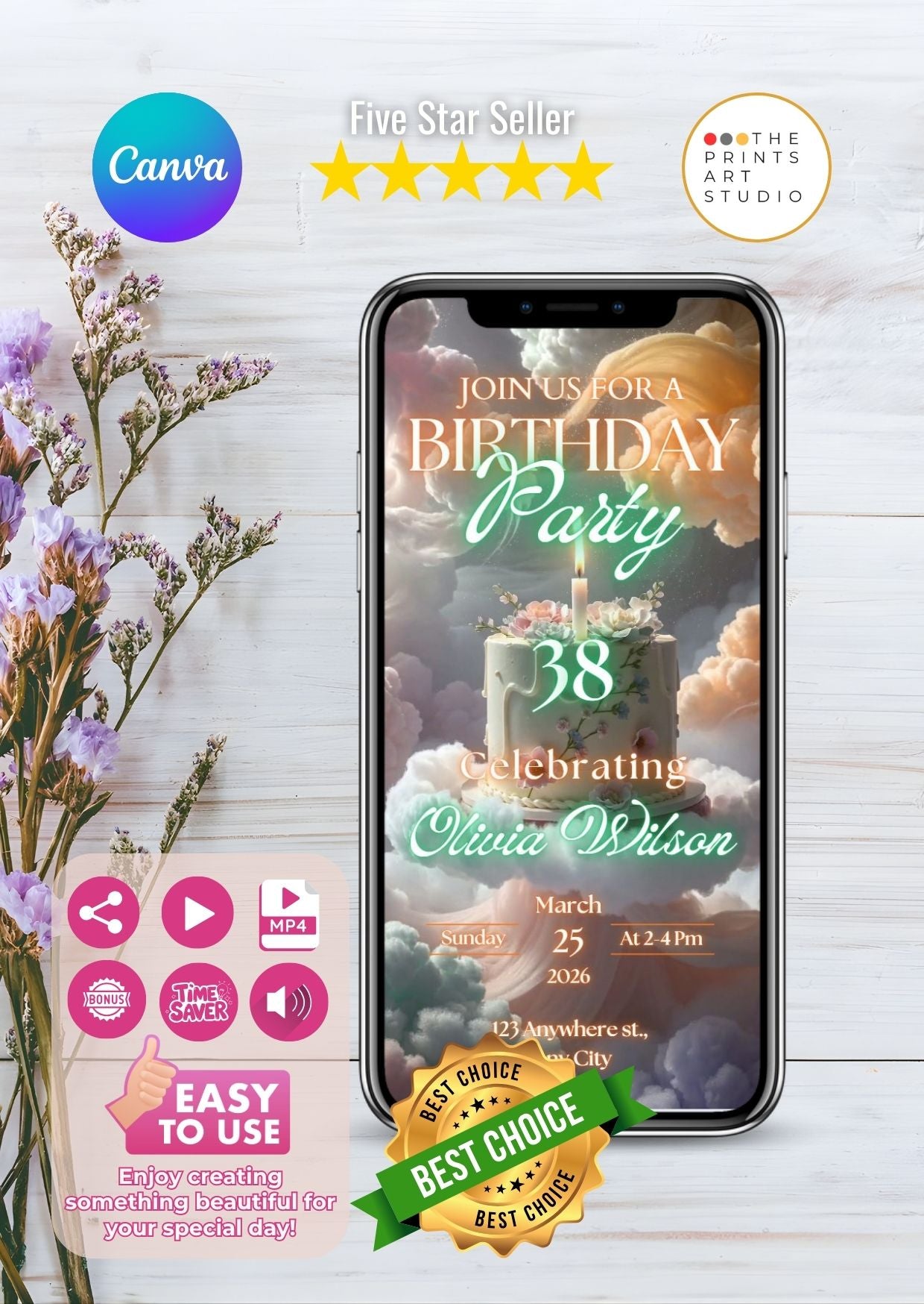 Cloud cake birthday video invitation – MP4 digital invite held in hand.