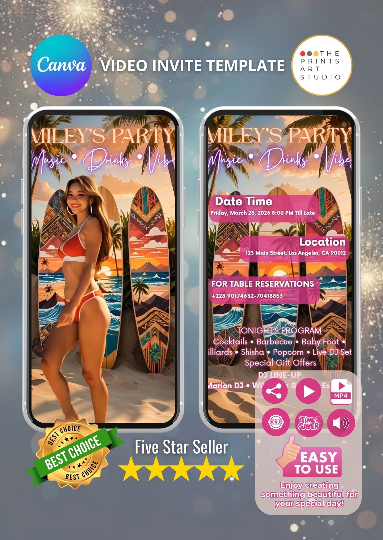 event video invitation template for bars and lounges featuring surf theme and party details