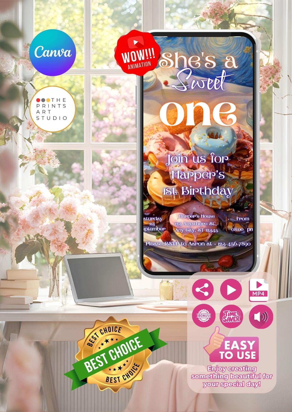 donut birthday video invitation displayed on phone in a cozy, artistic setting with floral decor