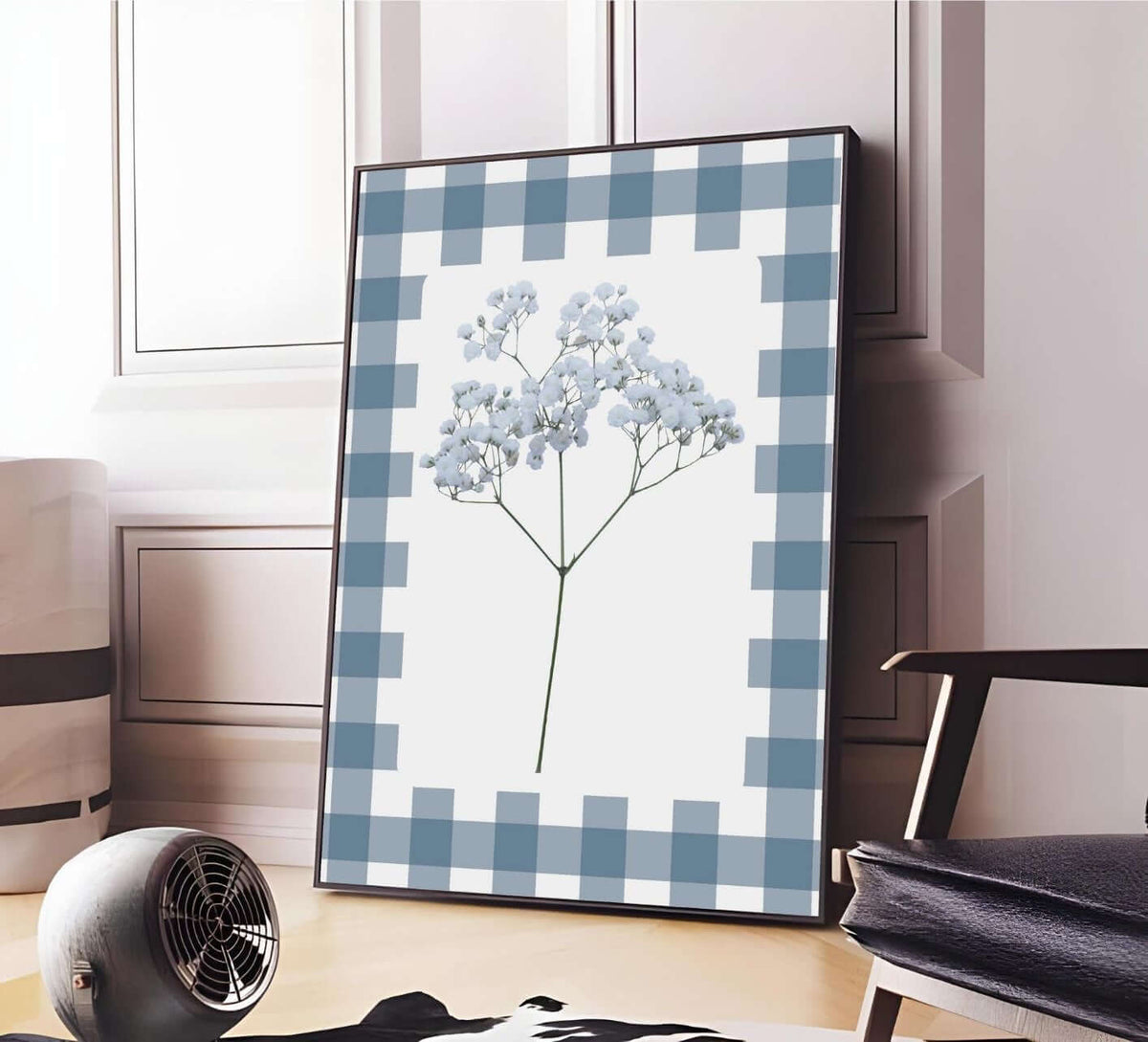 Blue Gingham Baby's Breath Print with blue gingham border and floral design in modern interior