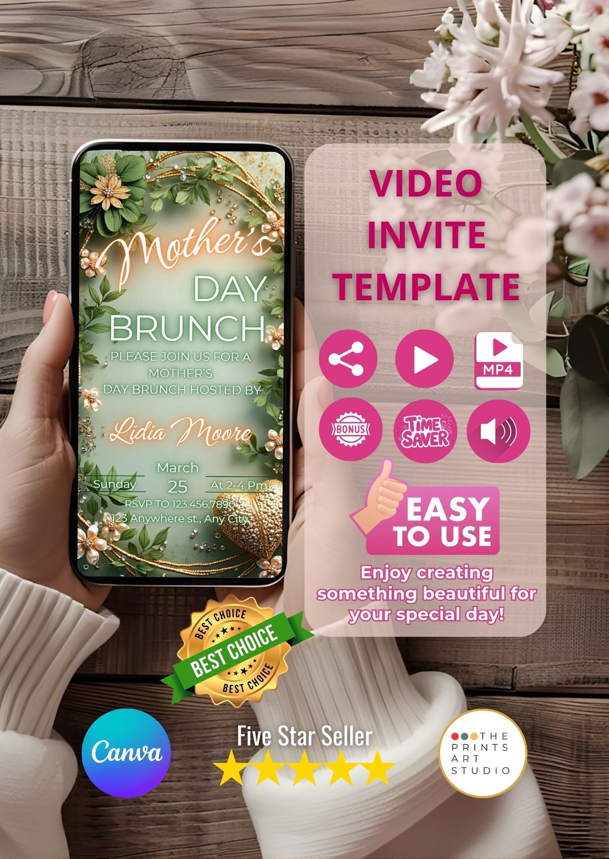 Hand holding phone displaying Mother's Day Brunch video invitation; includes Family Brunch Video Invitation template text and features.