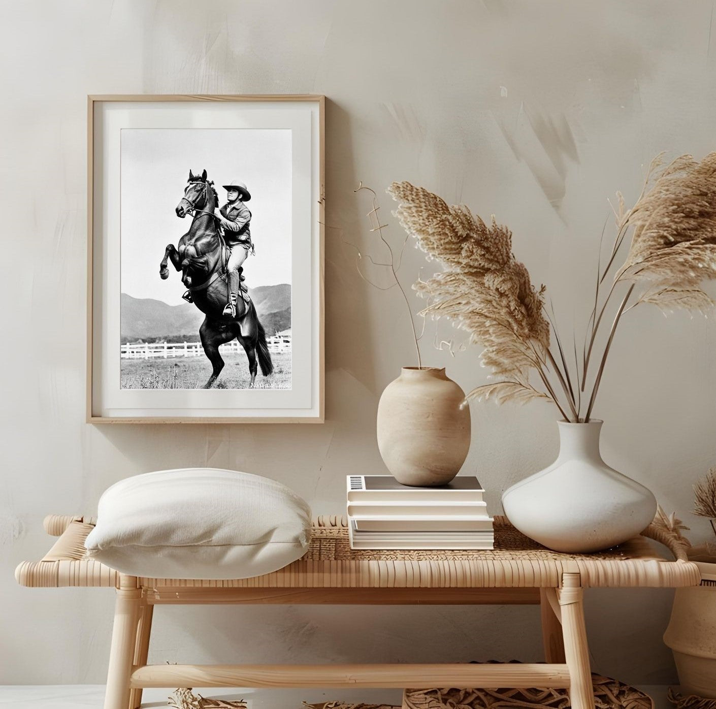 Western Wall Art featuring black and white cowboy print with rearing horse, capturing strength and freedom.
