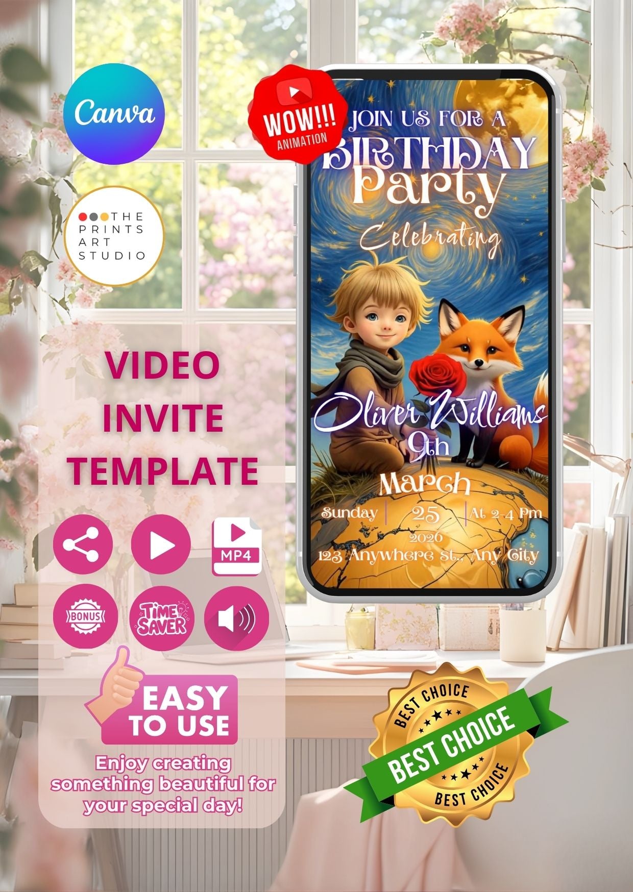 Little Prince Style Birthday Video Invitation template displayed on a smartphone, featuring a child and fox illustration, Canva editing.
