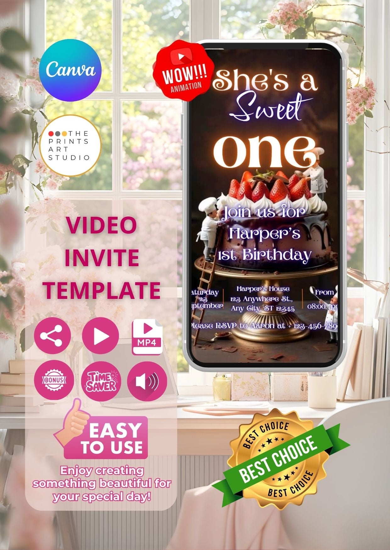 Sweet One Video Invitation Chocolate Birthday Invite with cake design and animated graphics, perfect for an unforgettable celebration.