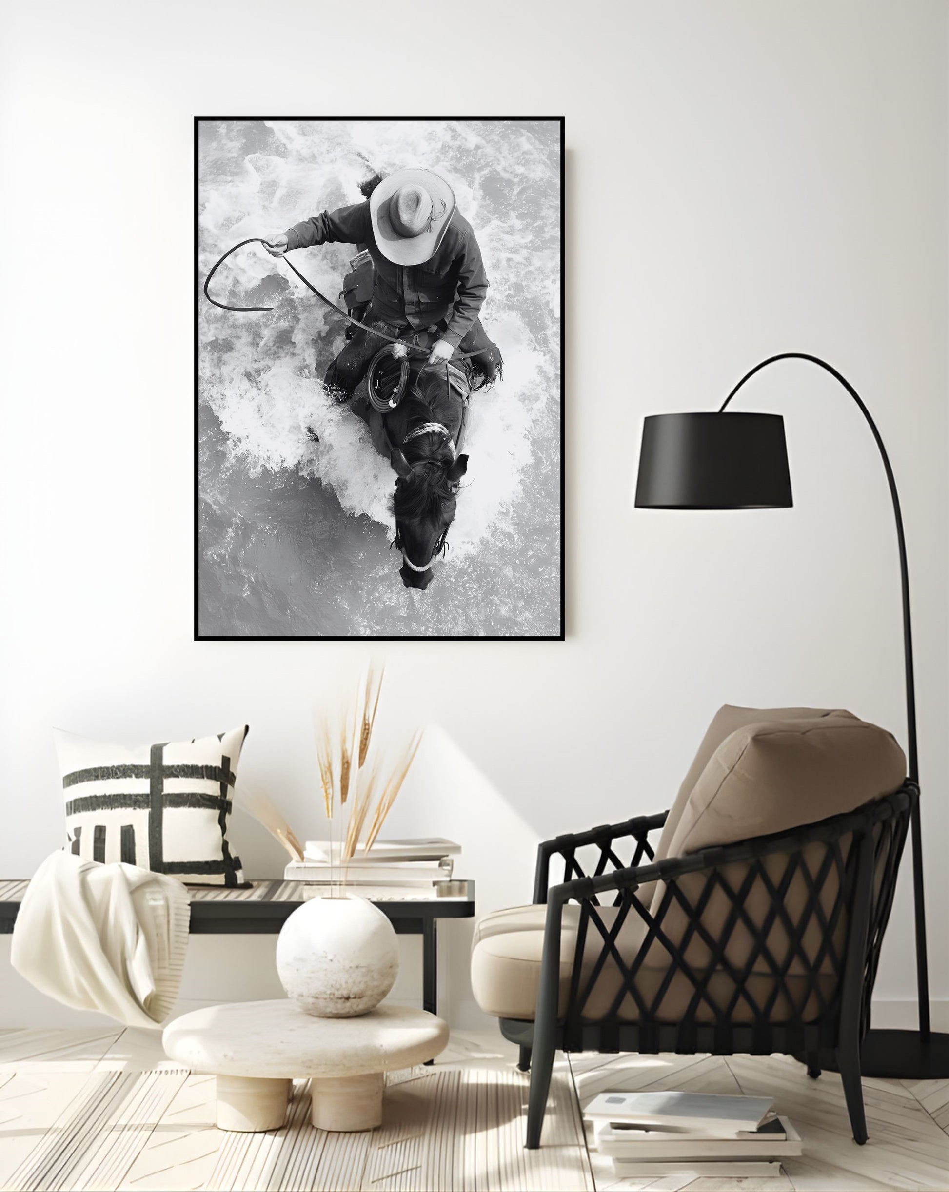 Western Horse Wall Art depicting a cowboy on horseback crossing a river, enhancing modern home decor with a rustic black and white theme.