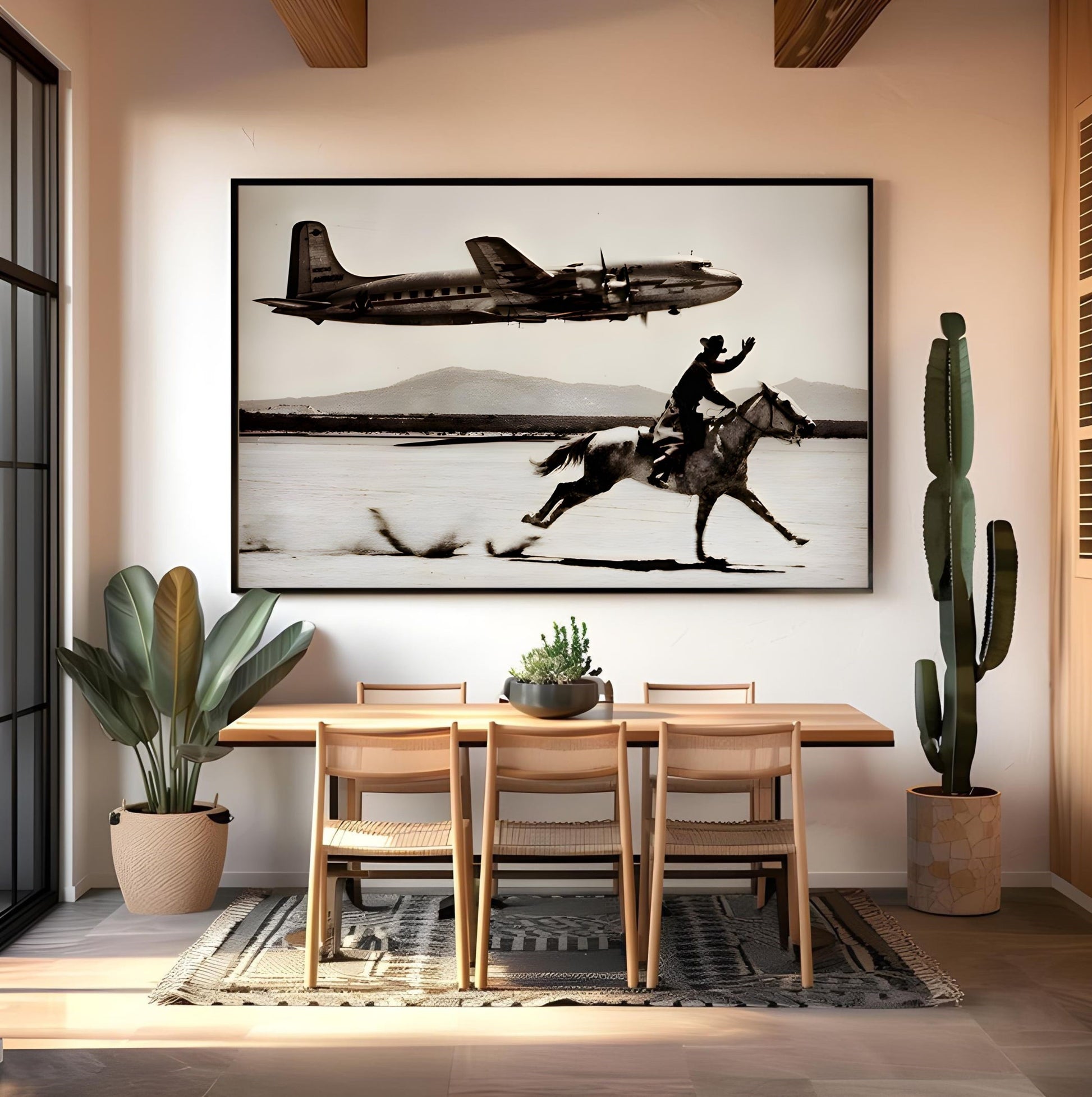 Cowboy Airplane Wall Art featuring a cowboy on horseback with vintage airplane in desert, perfect western decor piece.