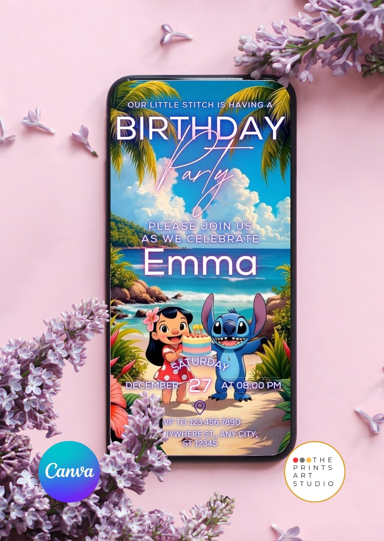 Lilo and Stitch birthday video invitation with tropical island design and animated characters on a mobile screen.