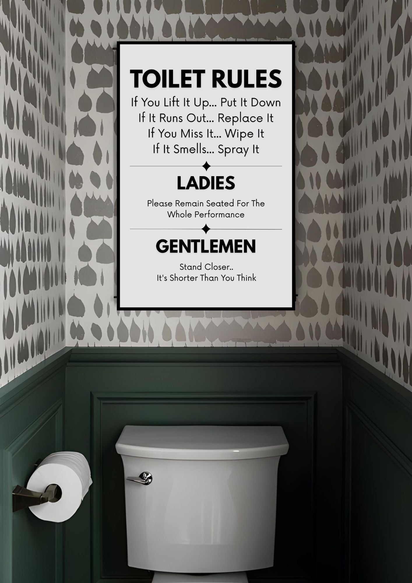 Funny Toilet Rules Sign – Humorous Bathroom Wall Art Printable | WC Decor Digital Download displayed above toilet