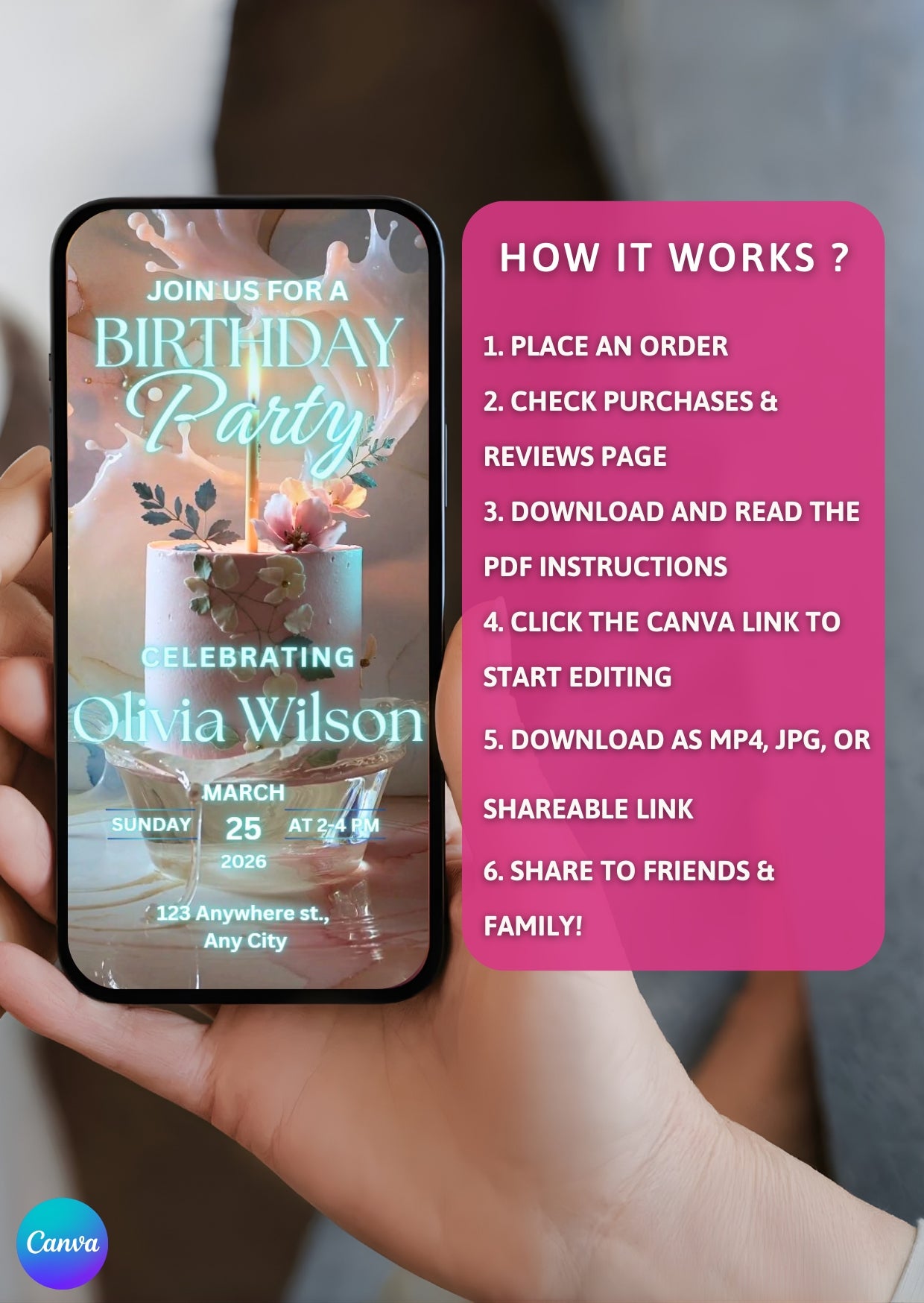 editable birthday video invitation template ice light cake design displayed on smartphone