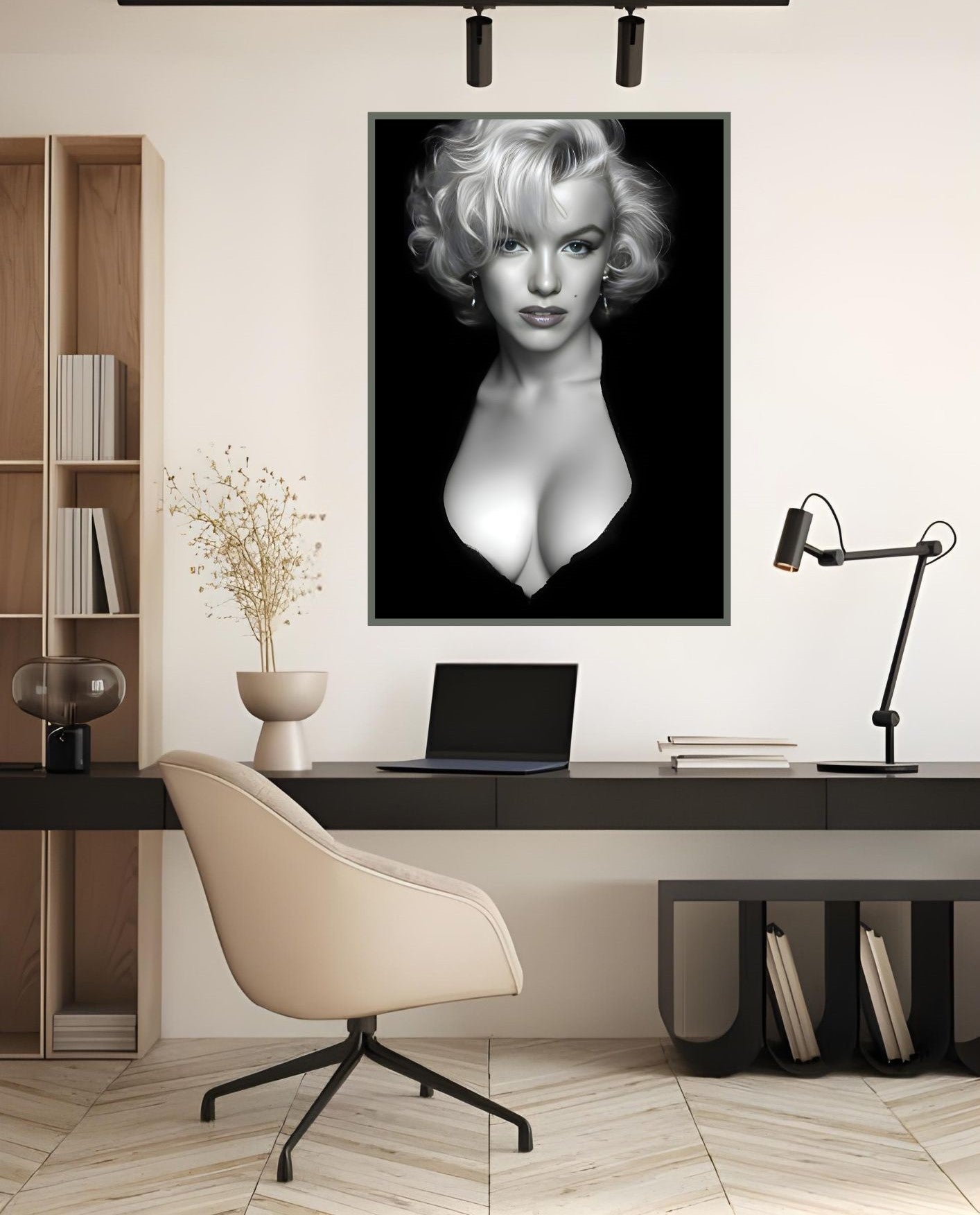 Vintage Hollywood Glamour Wall Art featuring a black and white retro portrait of a classic 1950s film icon on a stylish wall.