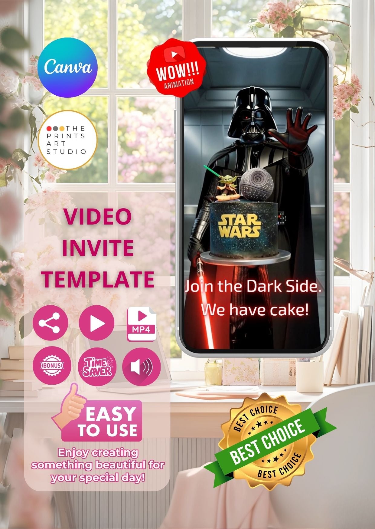 Star Wars Darth Vader Video Invitation Canva template showcasing animated video invite with Darth Vader and cake.